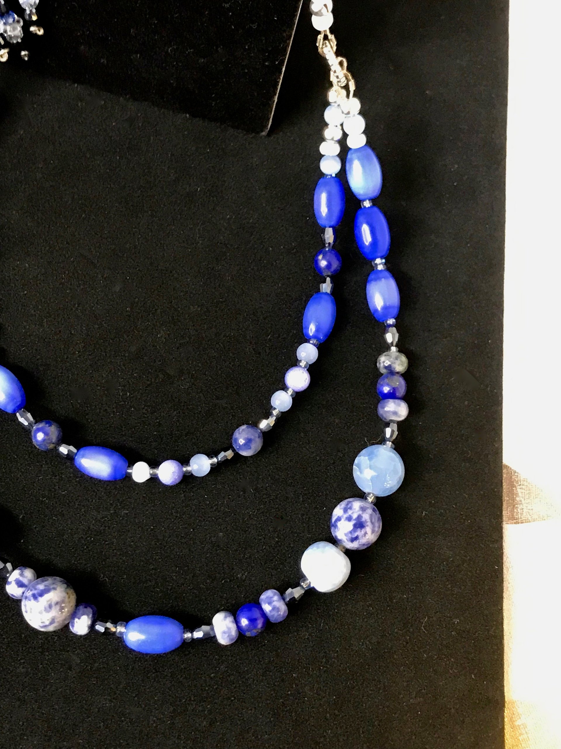 Summers Evening Shimmering Charm Necklace in Blue Shades of Crackle Agate, Sodalite, Lapis, Mother of Pearl, Cat's Eye, Faceted Glass Beads