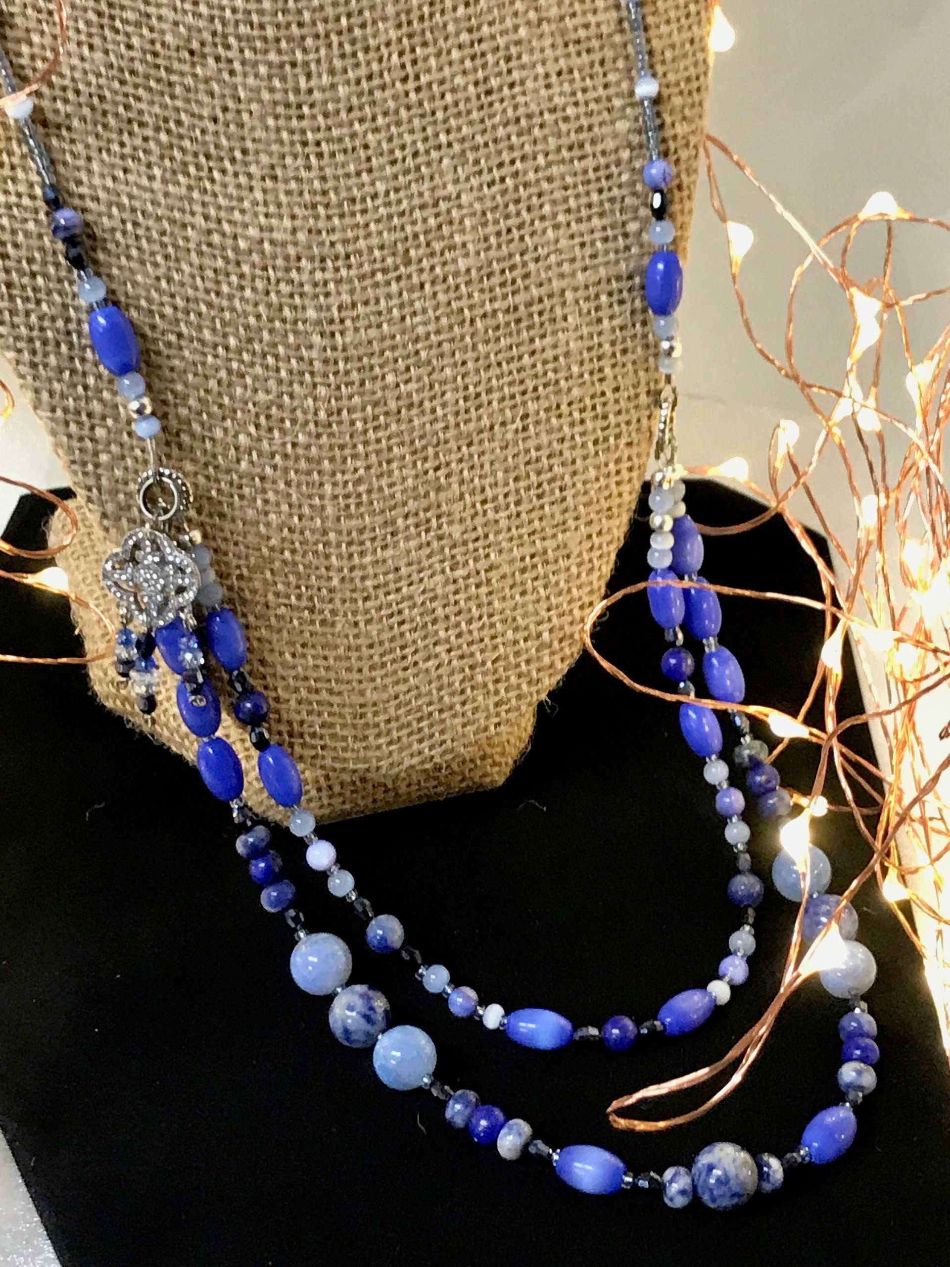 Summers Evening Shimmering Charm Necklace in Blue Shades of Crackle Agate, Sodalite, Lapis, Mother of Pearl, Cat's Eye, Faceted Glass Beads