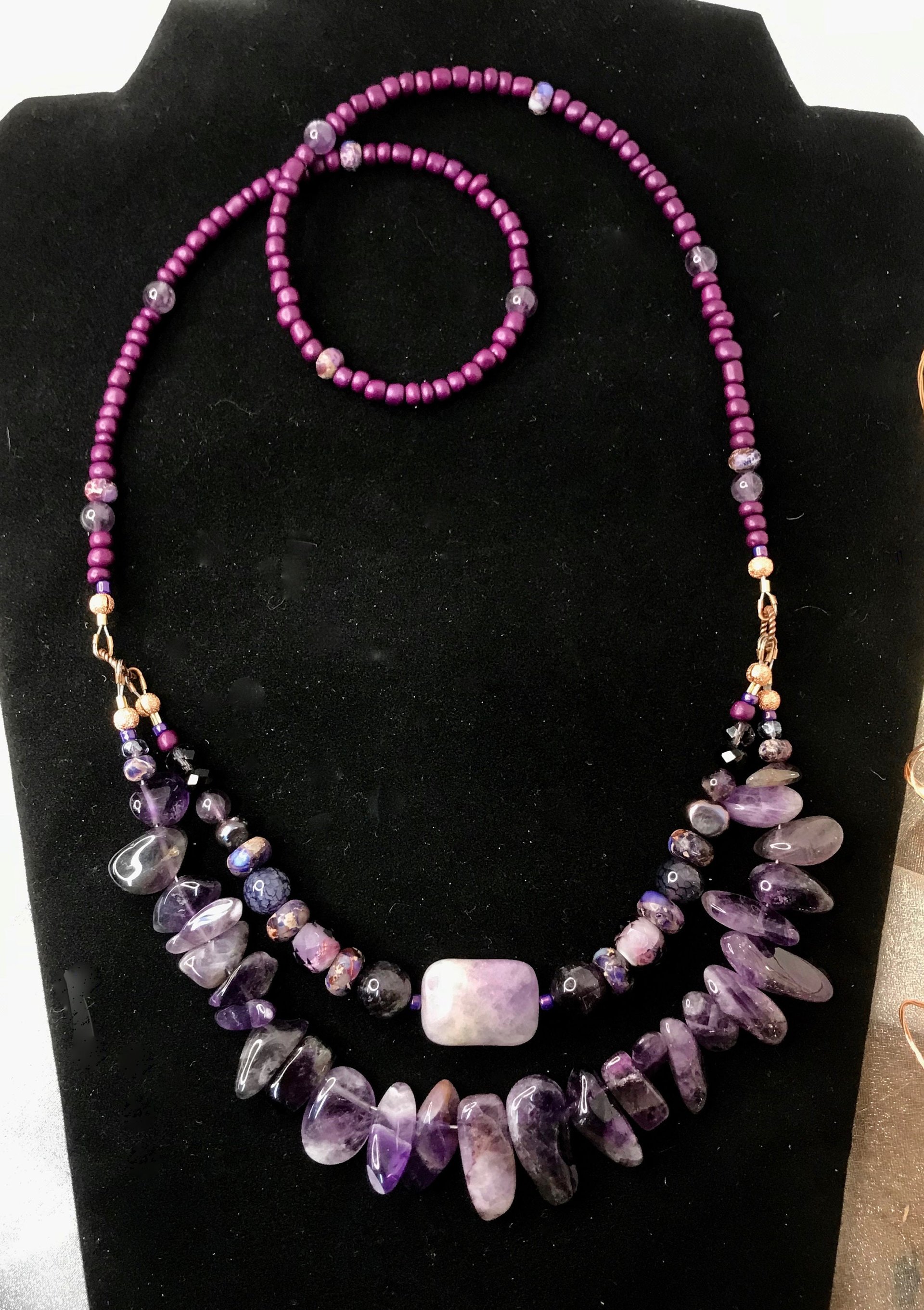 Stunningly Beautiful Purple Amethyst Multi-Strand Beaded Handcrafted Necklace with Imperial Jasper, Freshwater Pearl, Faceted Glass Beads