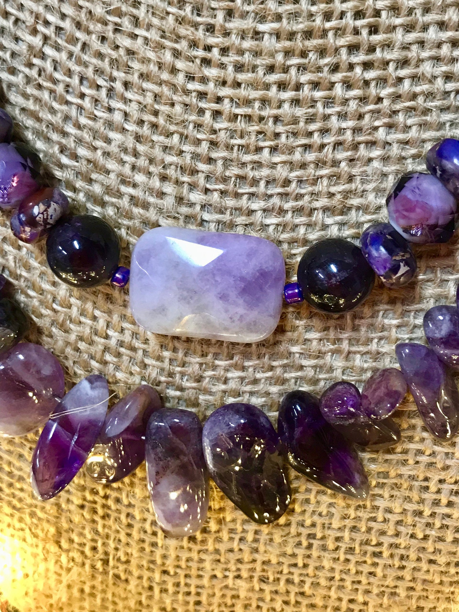Stunningly Beautiful Purple Amethyst Multi-Strand Beaded Handcrafted Necklace with Imperial Jasper, Freshwater Pearl, Faceted Glass Beads