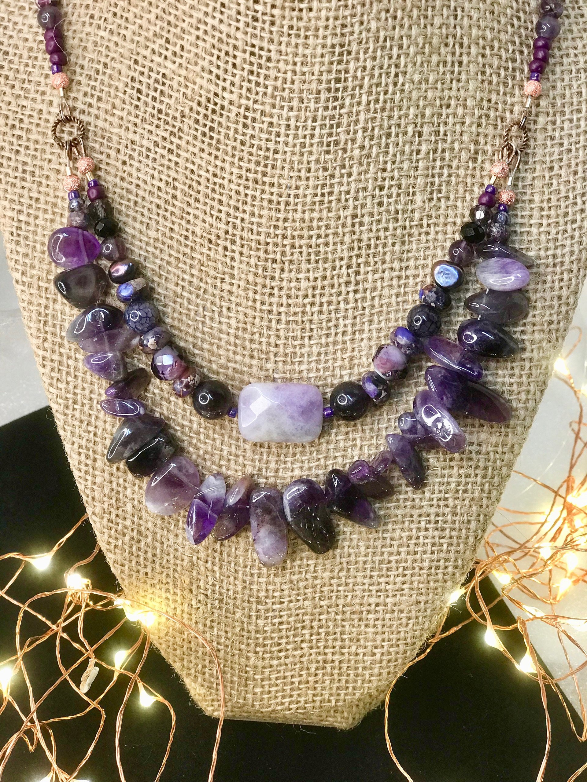 Stunningly Beautiful Purple Amethyst Multi-Strand Beaded Handcrafted Necklace with Imperial Jasper, Freshwater Pearl, Faceted Glass Beads