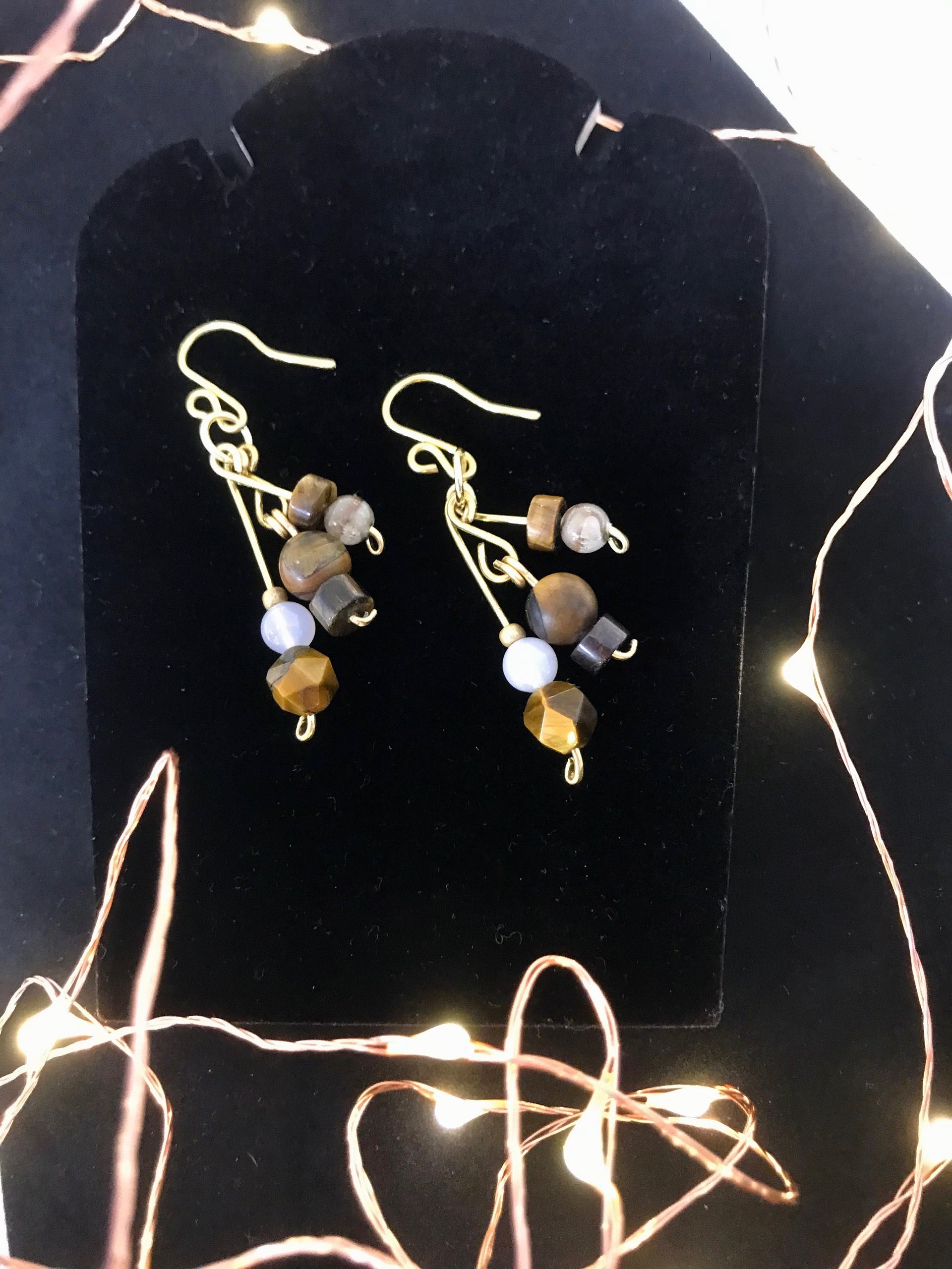 Beautiful Golden Brown Tiger Eye and Brass Handcrafted French Wire Dangle Earrings