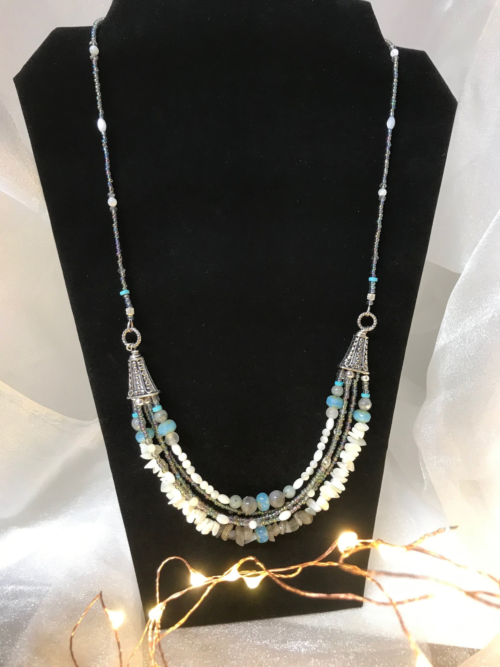 Labradorite and Mother of Pearl Gorgeous Handcrafted Unique Multi Strand Beaded Statement Necklace with Iridescent Seed Beads