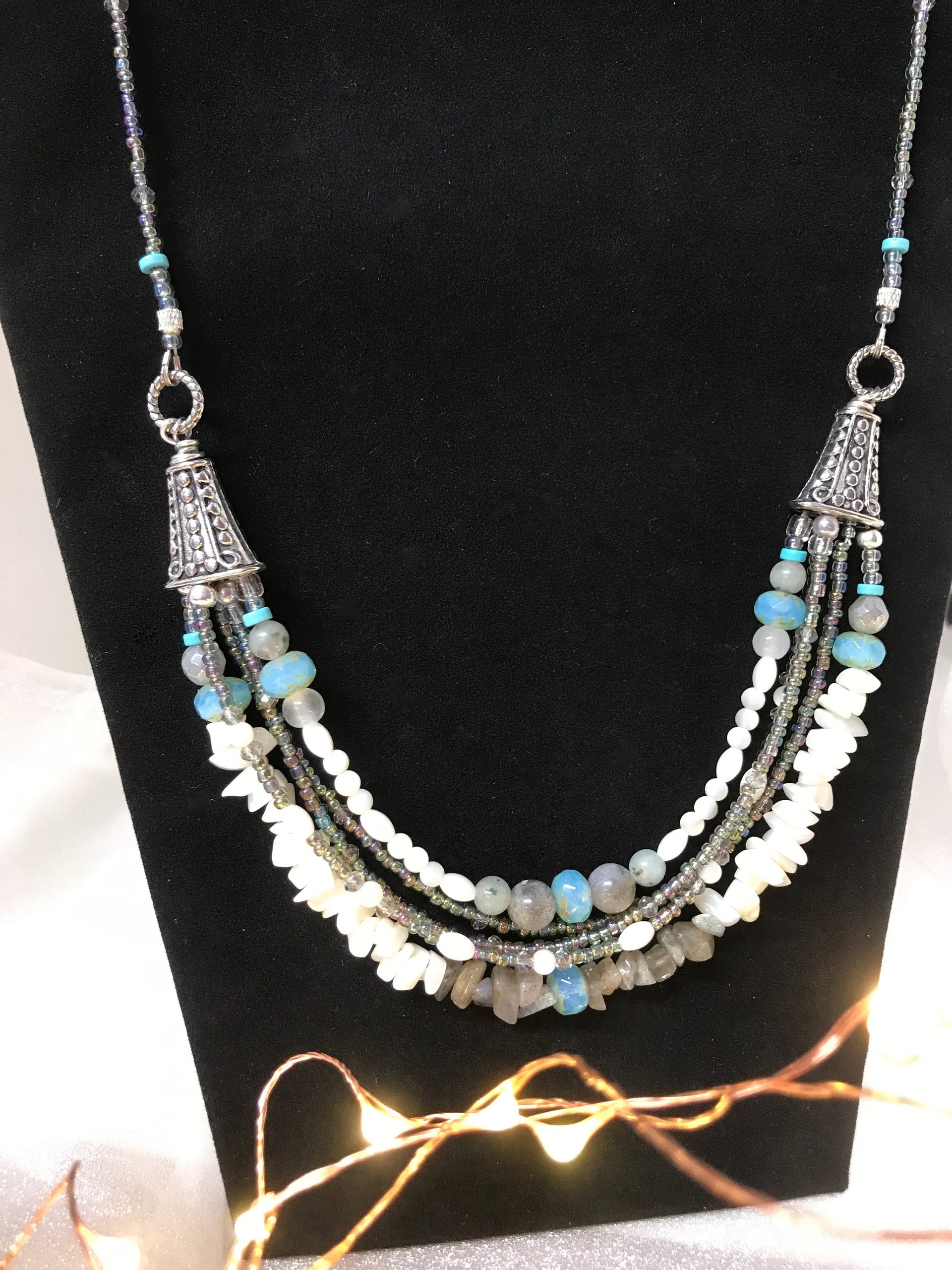 Labradorite and Mother of Pearl Gorgeous Handcrafted Unique Multi Strand Beaded Statement Necklace with Iridescent Seed Beads