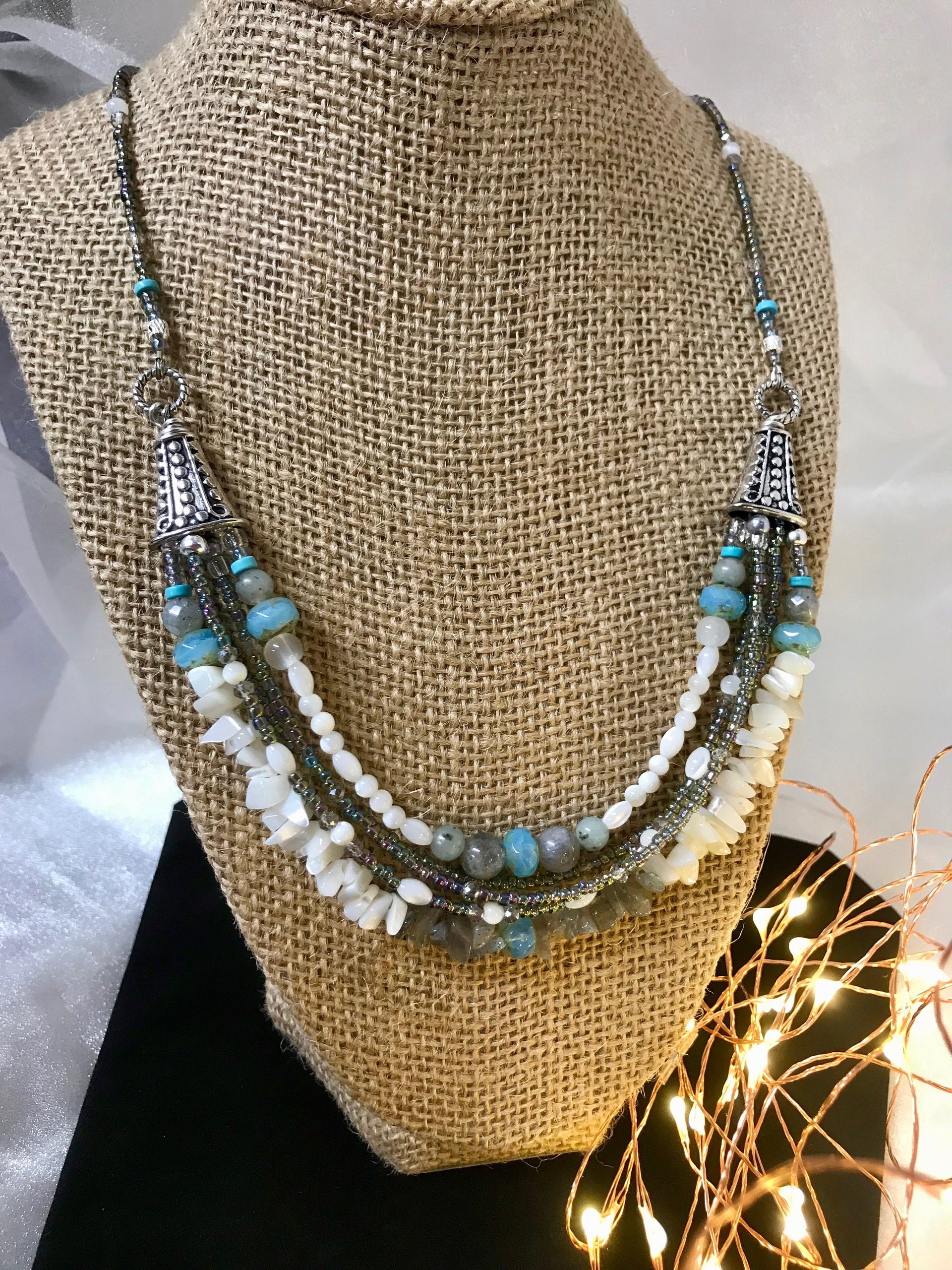 Labradorite and Mother of Pearl Gorgeous Handcrafted Unique Multi Strand Beaded Statement Necklace with Iridescent Seed Beads