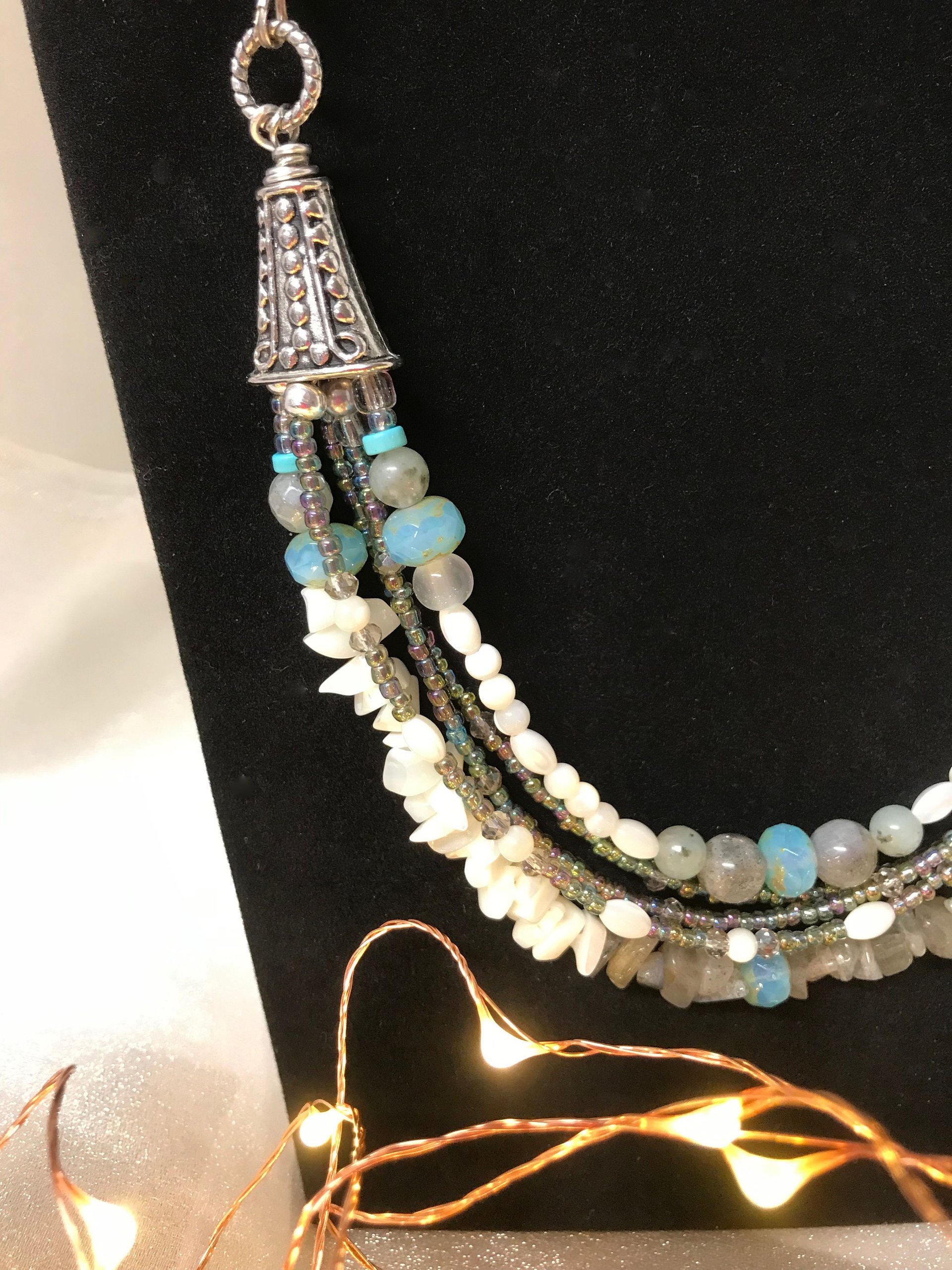 Labradorite and Mother of Pearl Gorgeous Handcrafted Unique Multi Strand Beaded Statement Necklace with Iridescent Seed Beads
