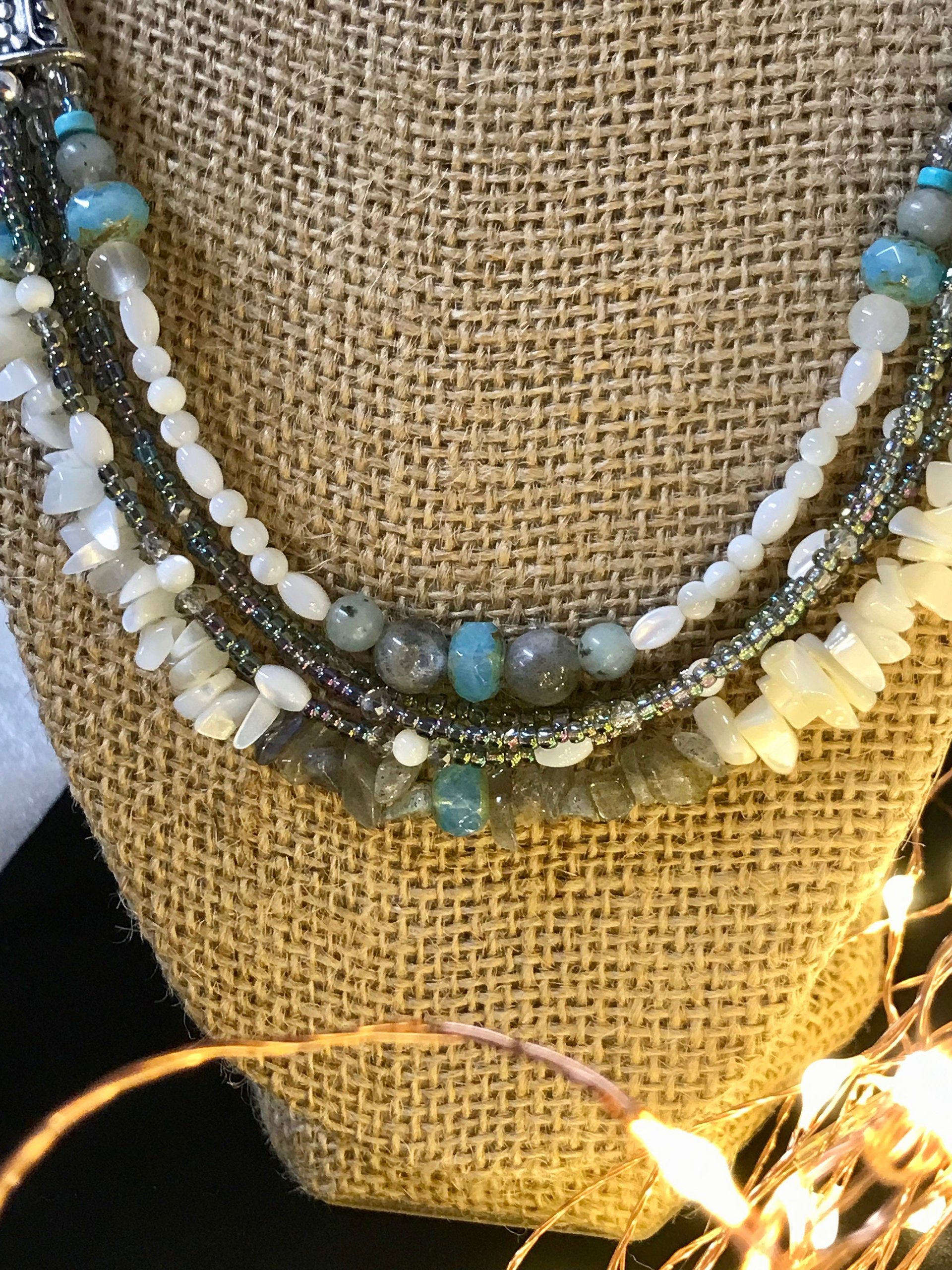 Labradorite and Mother of Pearl Gorgeous Handcrafted Unique Multi Strand Beaded Statement Necklace with Iridescent Seed Beads