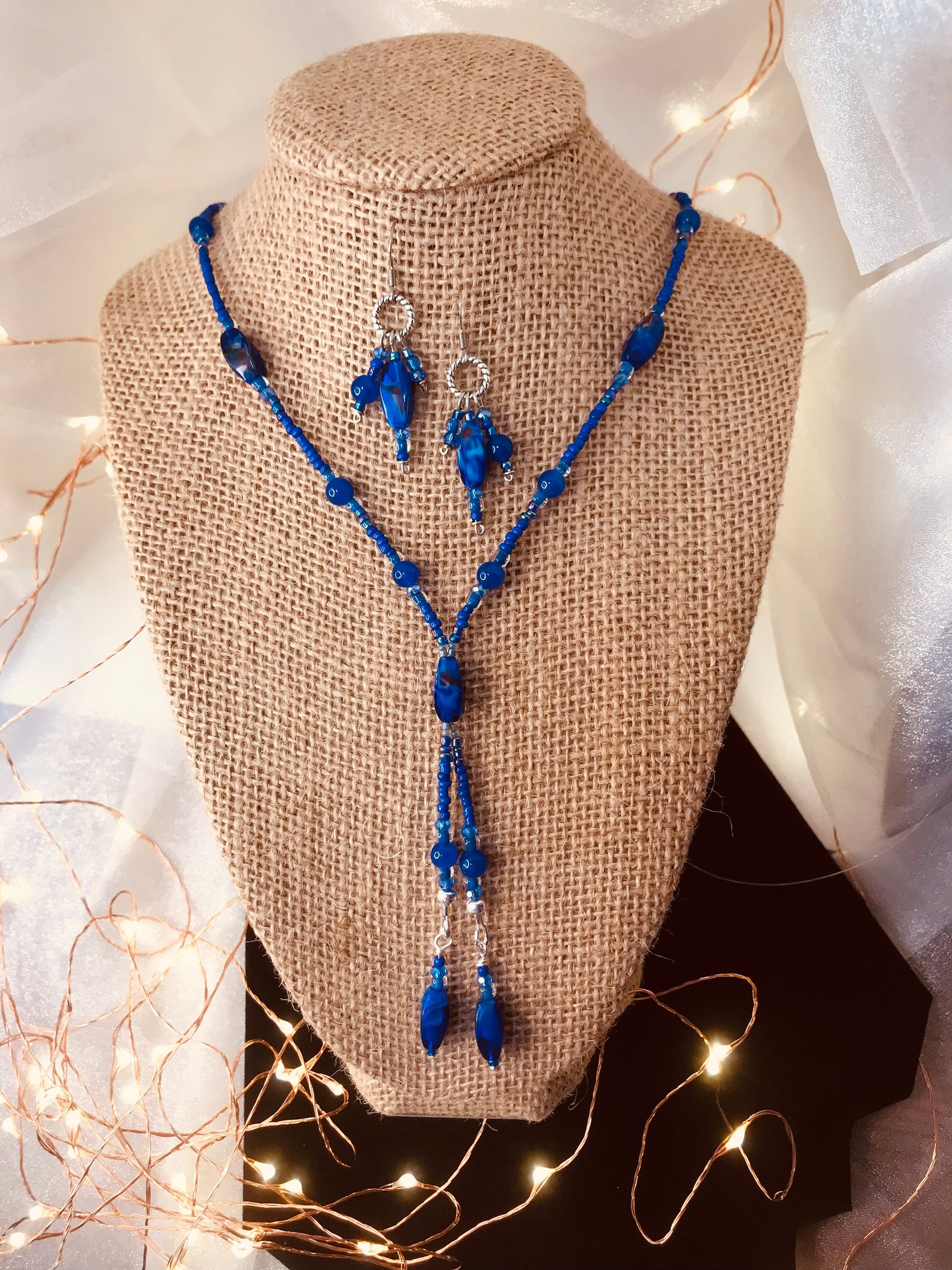 Beaded Lariat Necklace & Earring Set in Beautiful Glass Indigo with Hints of Red Twisted Beads, Faceted Glass, Stainless Steel Ear Wires