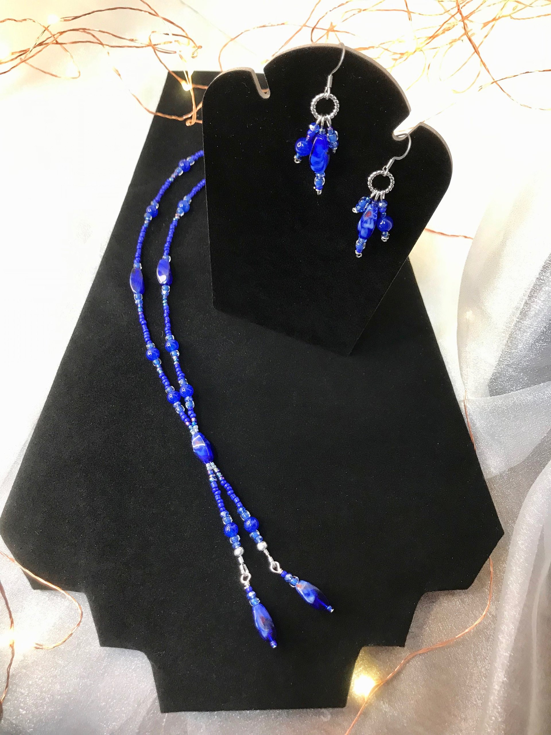 Beaded Lariat Necklace & Earring Set in Beautiful Glass Indigo with Hints of Red Twisted Beads, Faceted Glass, Stainless Steel Ear Wires
