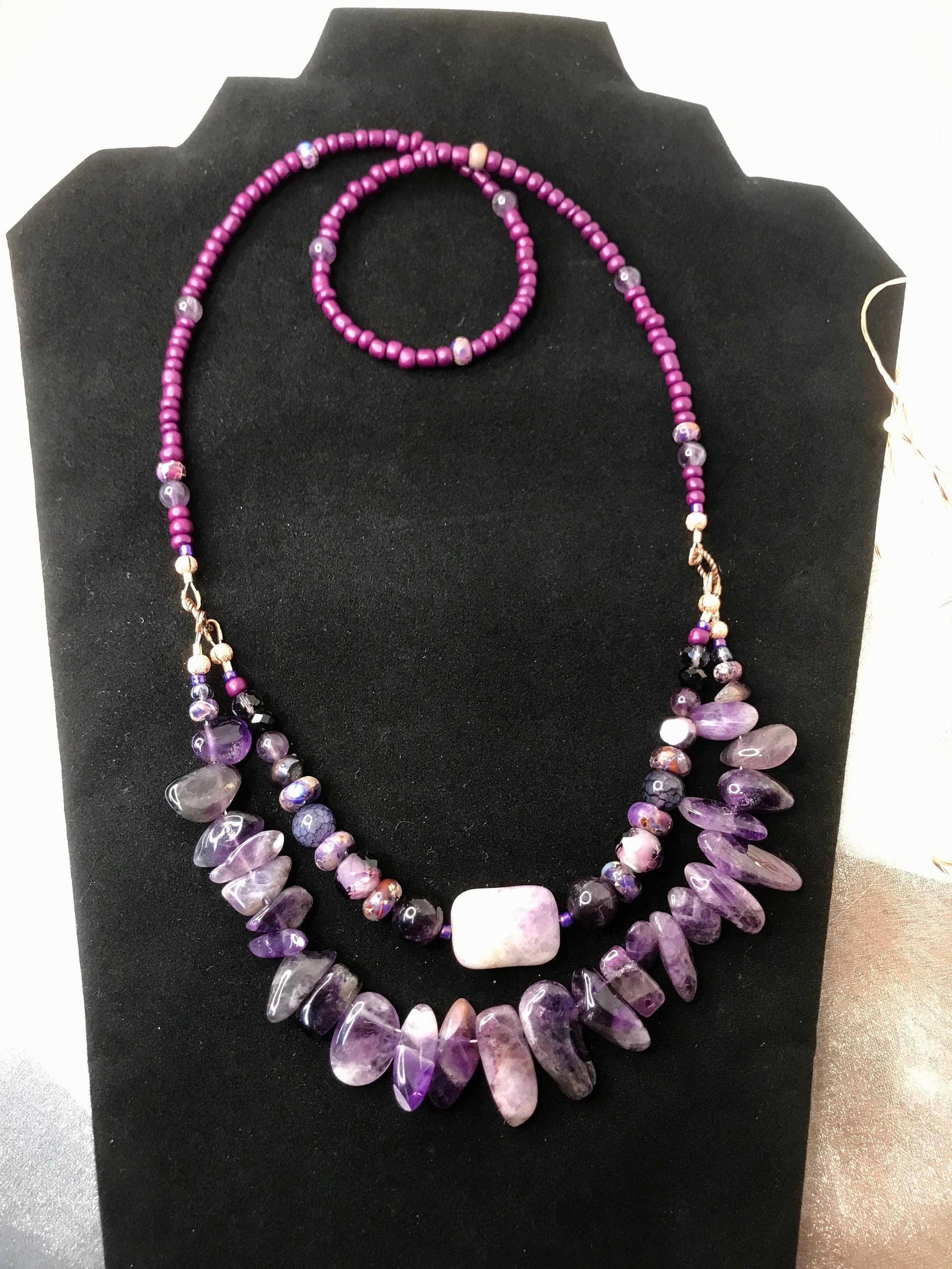 Stunningly Beautiful Purple Amethyst Multi-Strand Beaded Handcrafted Necklace with Imperial Jasper, Freshwater Pearl, Faceted Glass Beads