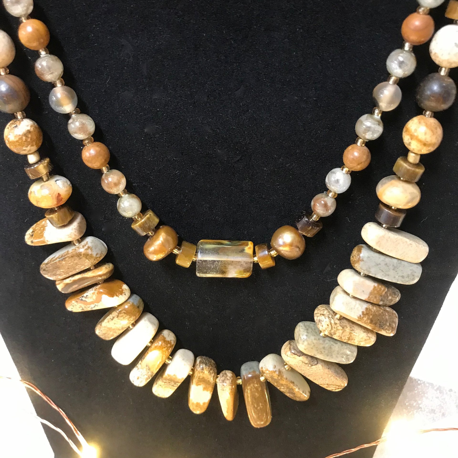 Naturally Beautiful Picture Jasper and Tiger Eye Handcrafted Multi Strand Necklace with Agate, Pearl, Pressed and Vintage Glass Beads.
