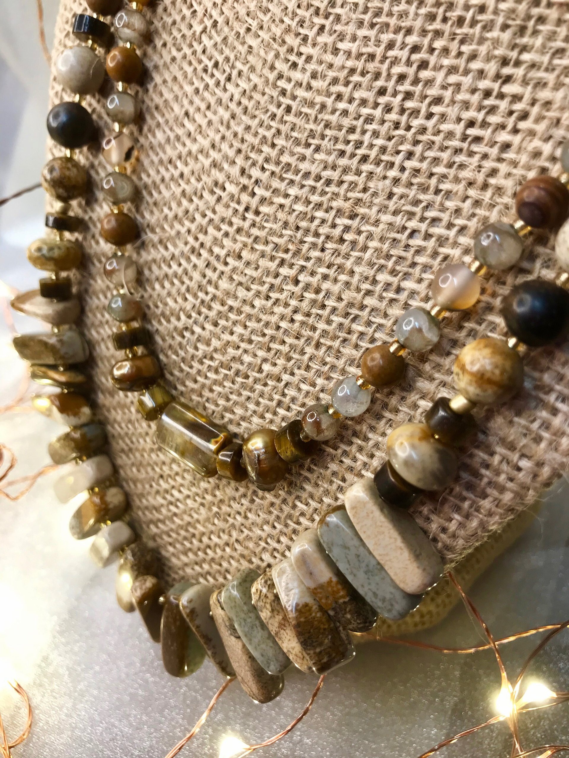 Naturally Beautiful Picture Jasper and Tiger Eye Handcrafted Multi Strand Necklace with Agate, Pearl, Pressed and Vintage Glass Beads.