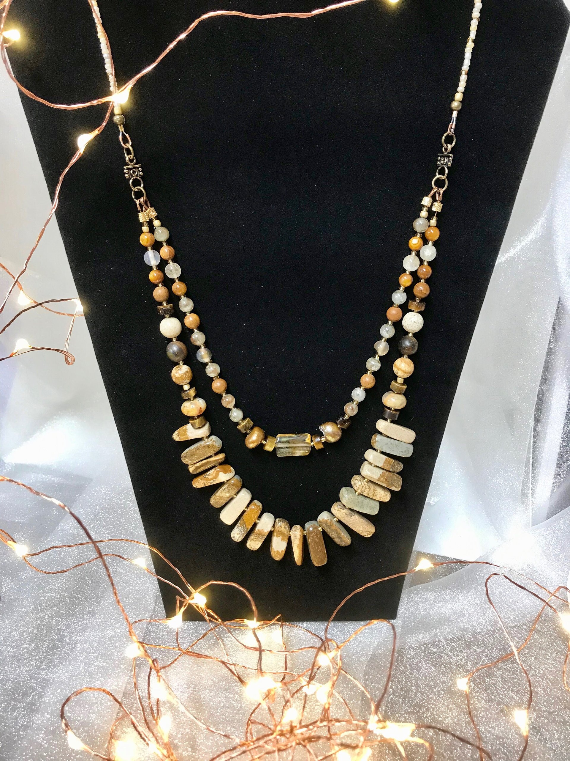 Naturally Beautiful Picture Jasper and Tiger Eye Handcrafted Multi Strand Necklace with Agate, Pearl, Pressed and Vintage Glass Beads.
