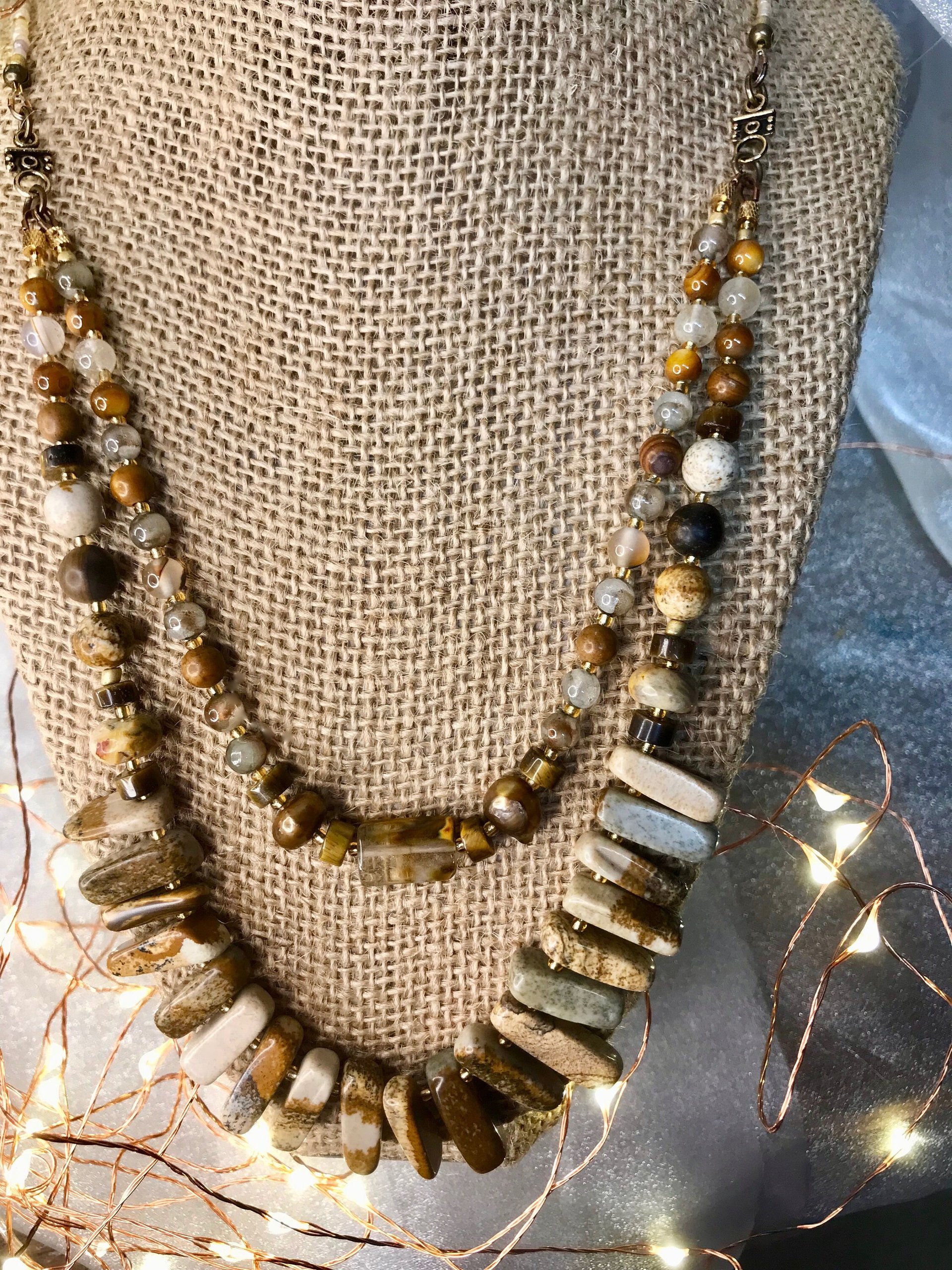 Naturally Beautiful Picture Jasper and Tiger Eye Handcrafted Multi Strand Necklace with Agate, Pearl, Pressed and Vintage Glass Beads.