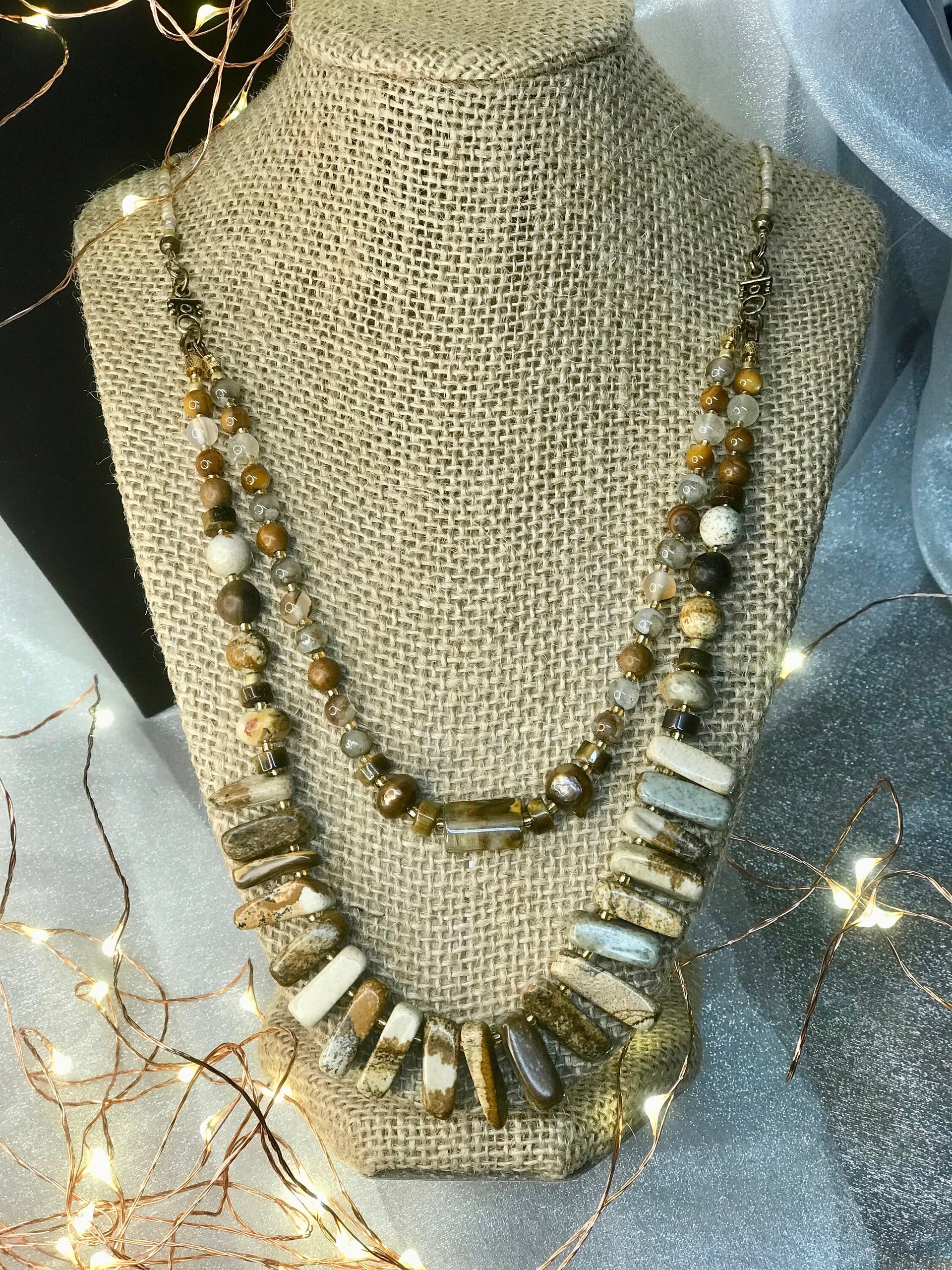 Naturally Beautiful Picture Jasper and Tiger Eye Handcrafted Multi Strand Necklace with Agate, Pearl, Pressed and Vintage Glass Beads.