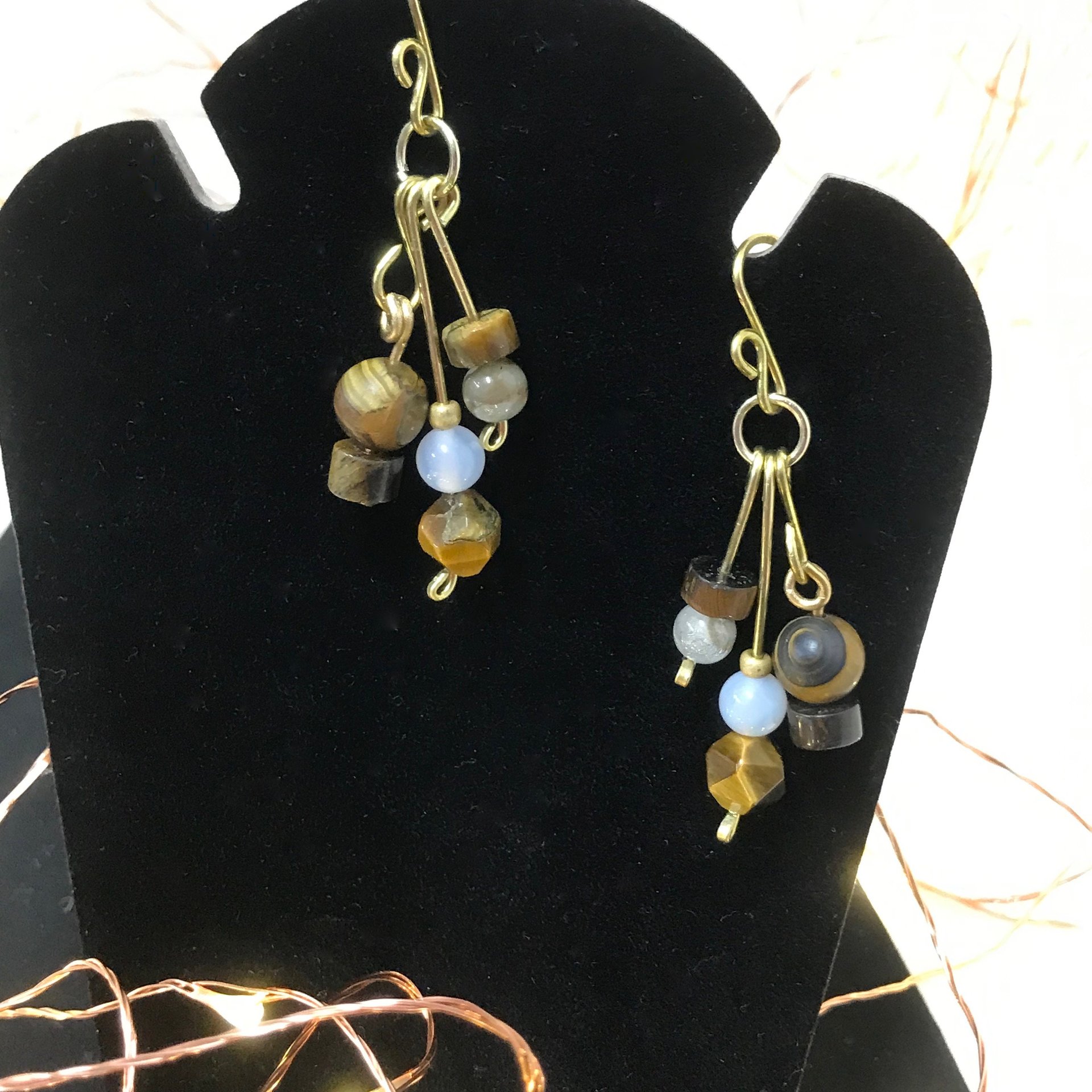 Beautiful Golden Brown Tiger Eye and Brass Handcrafted French Wire Dangle Earrings