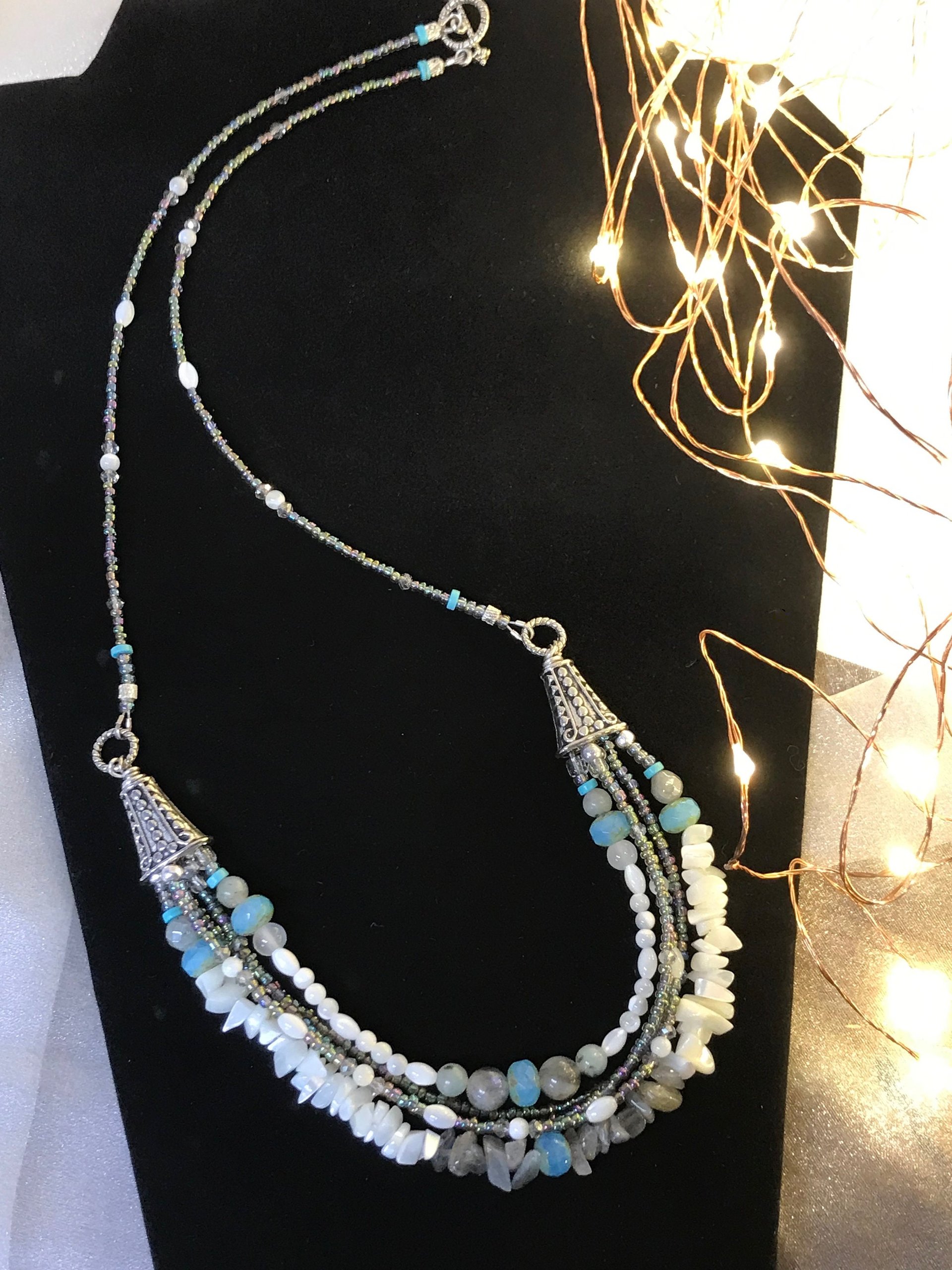 Labradorite and Mother of Pearl Gorgeous Handcrafted Unique Multi Strand Beaded Statement Necklace with Iridescent Seed Beads