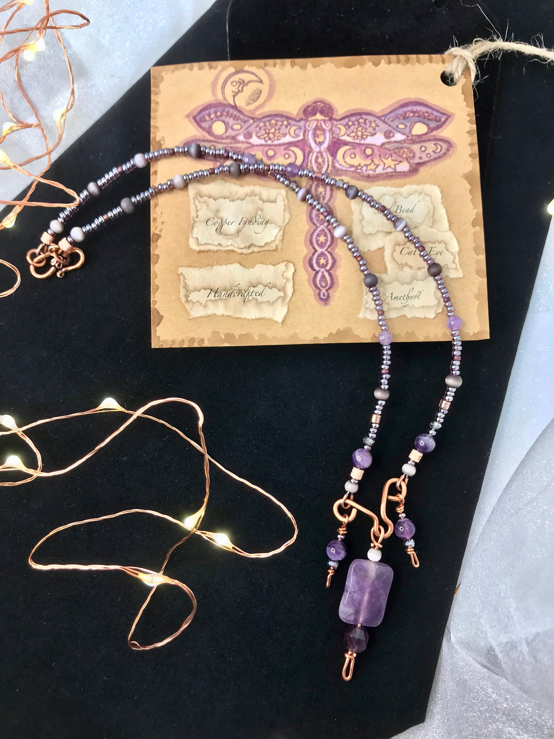 Amethyst and Copper Handcrafted Beaded Triple Dangle Necklace with Gorgeous Purple Cats Eye, Seed Beads and Beautiful Copper Findings