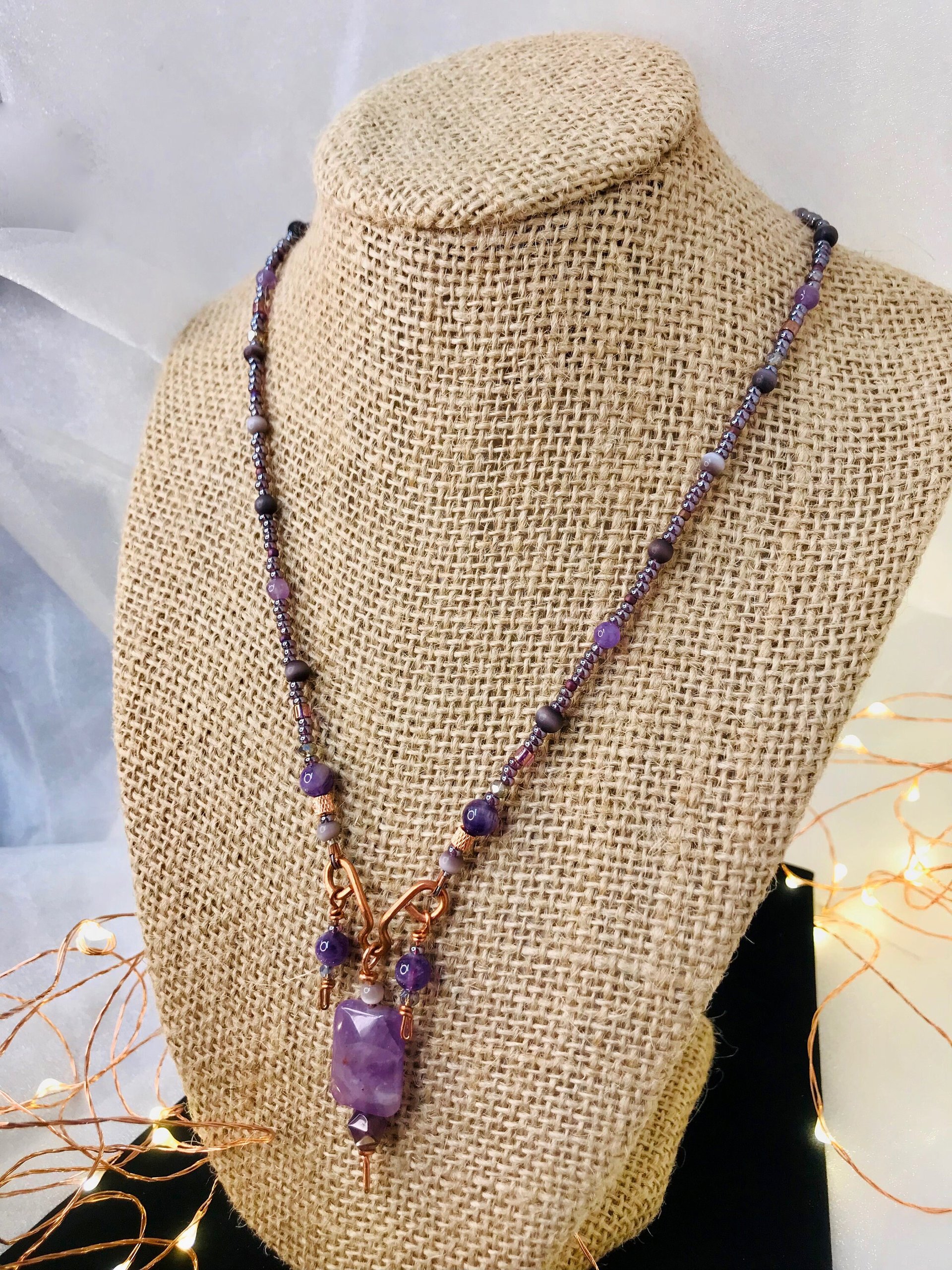 Amethyst and Copper Handcrafted Beaded Triple Dangle Necklace with Gorgeous Purple Cats Eye, Seed Beads and Beautiful Copper Findings