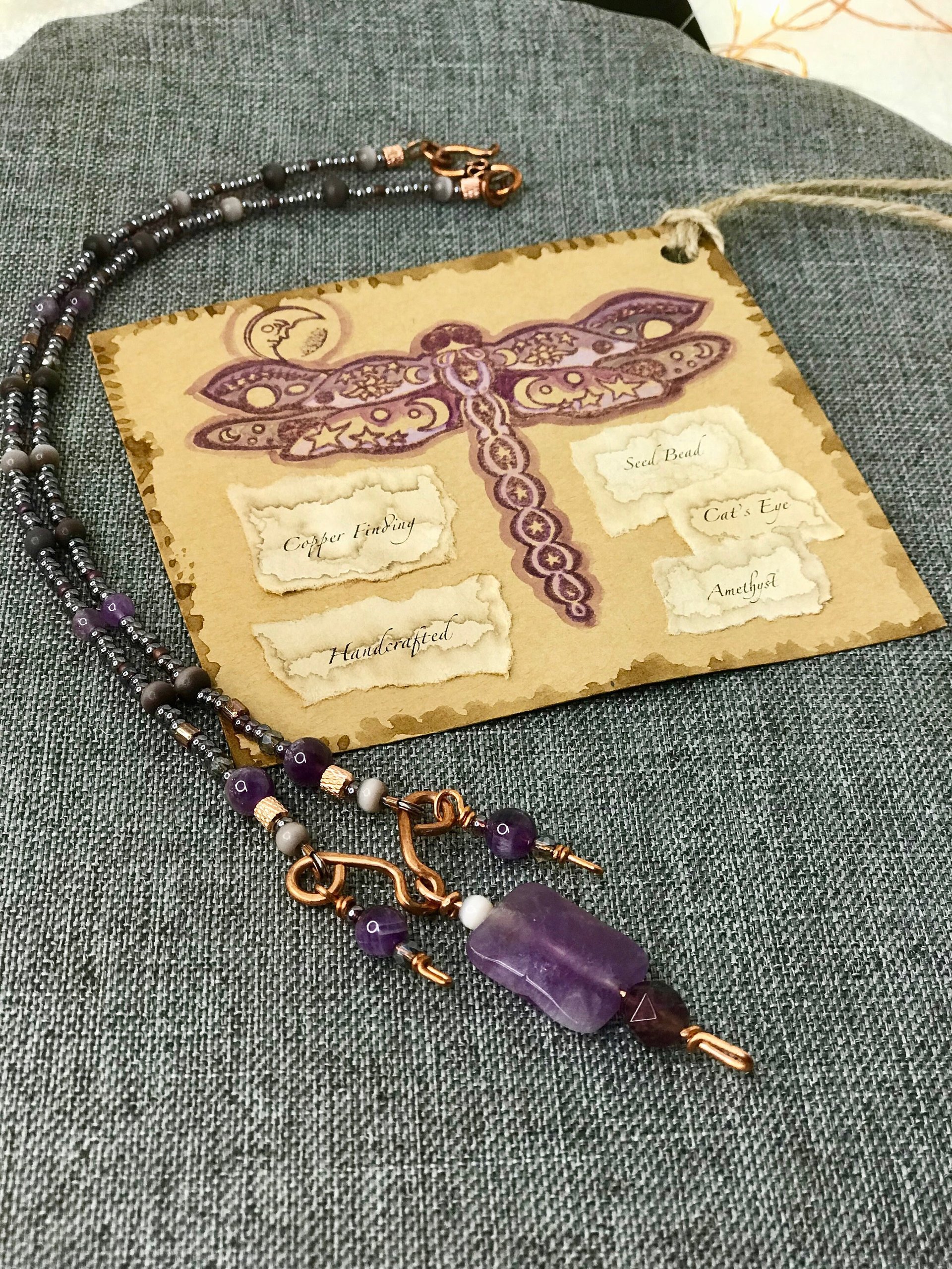 Amethyst and Copper Handcrafted Beaded Triple Dangle Necklace with Gorgeous Purple Cats Eye, Seed Beads and Beautiful Copper Findings