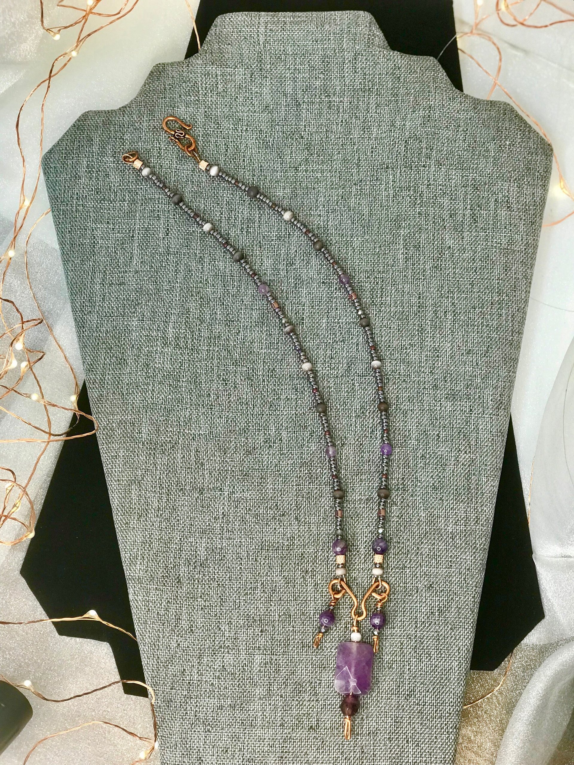 Amethyst and Copper Handcrafted Beaded Triple Dangle Necklace with Gorgeous Purple Cats Eye, Seed Beads and Beautiful Copper Findings