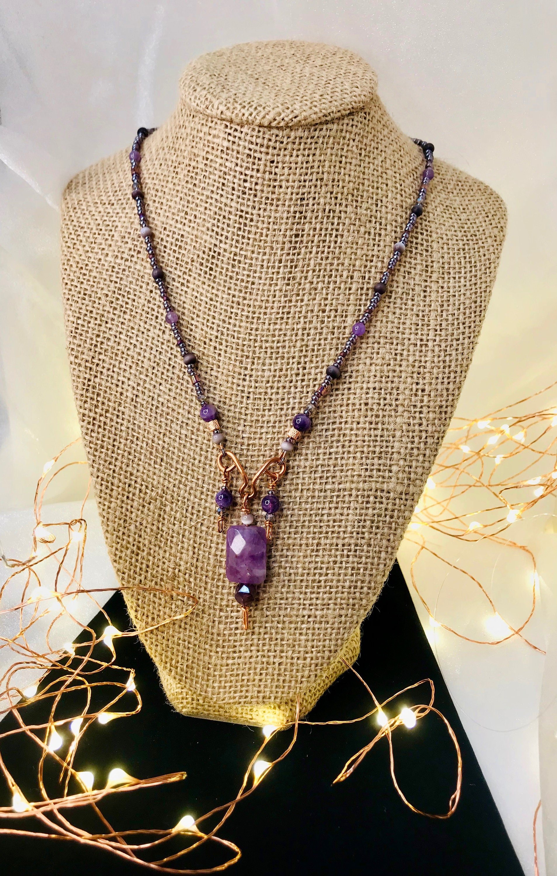 Amethyst and Copper Handcrafted Beaded Triple Dangle Necklace with Gorgeous Purple Cats Eye, Seed Beads and Beautiful Copper Findings