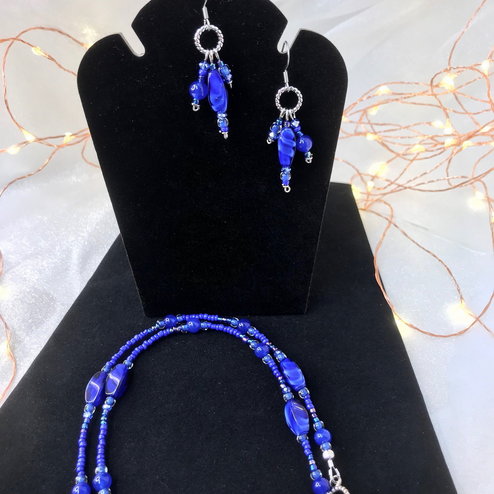 Beaded Lariat Necklace & Earring Set in Beautiful Glass Indigo with Hints of Red Twisted Beads, Faceted Glass, Stainless Steel Ear Wires