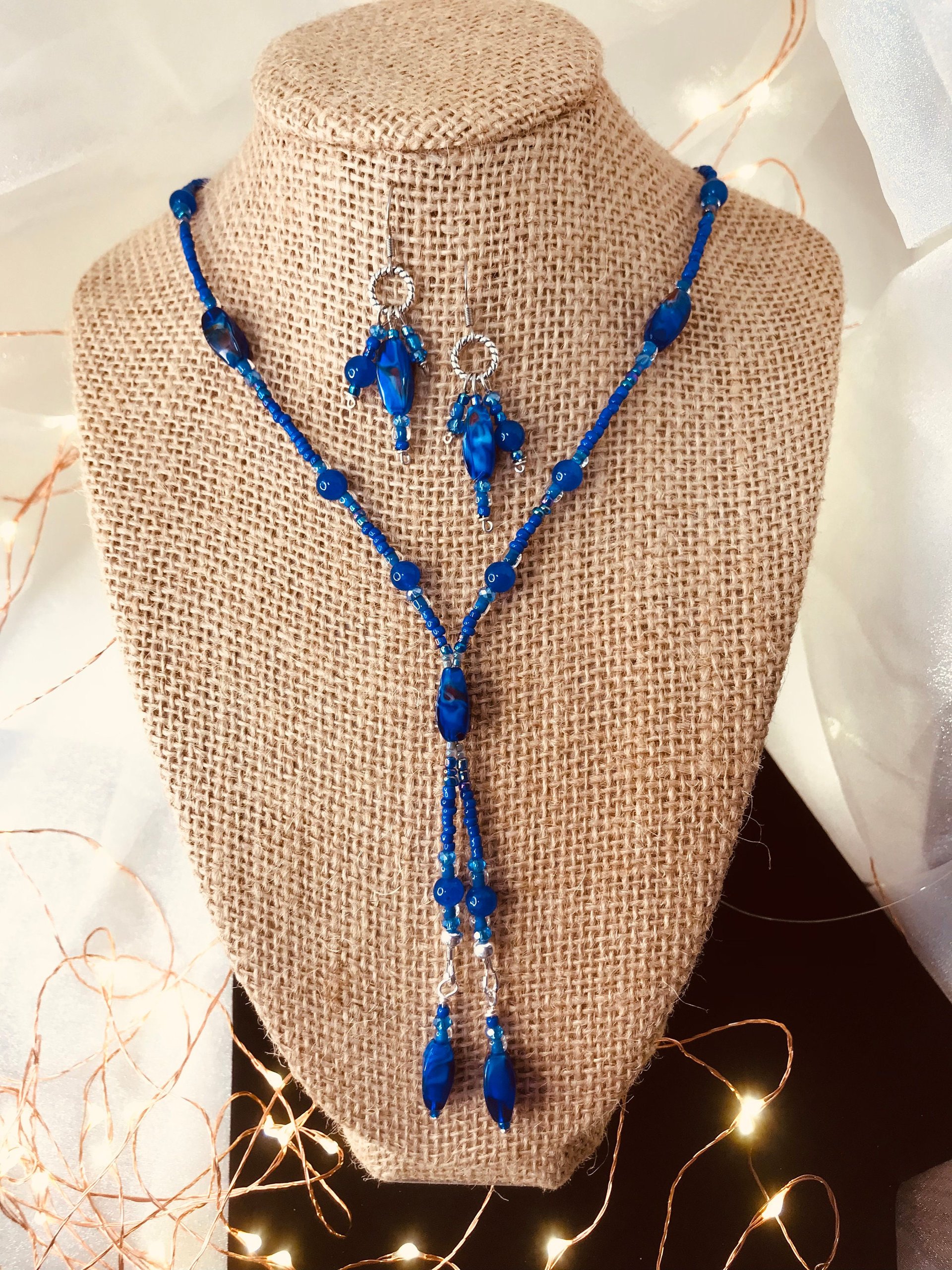 Beaded Lariat Necklace & Earring Set in Beautiful Glass Indigo with Hints of Red Twisted Beads, Faceted Glass, Stainless Steel Ear Wires
