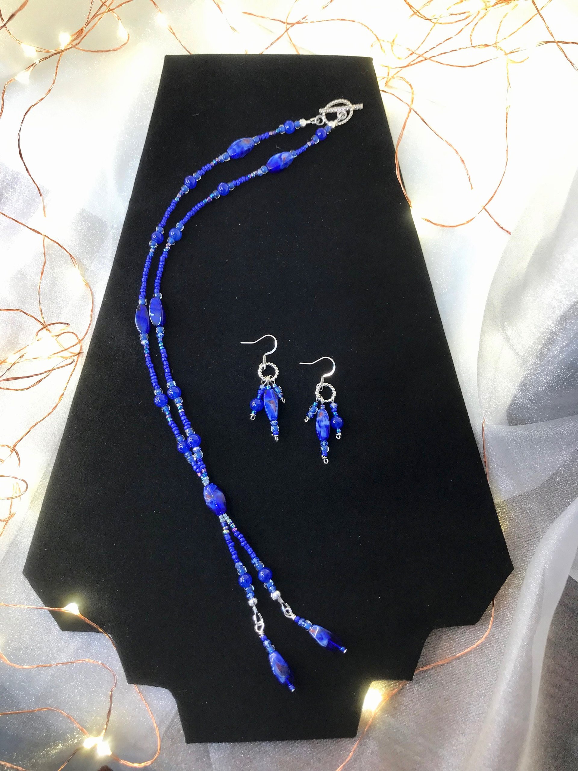 Beaded Lariat Necklace & Earring Set in Beautiful Glass Indigo with Hints of Red Twisted Beads, Faceted Glass, Stainless Steel Ear Wires