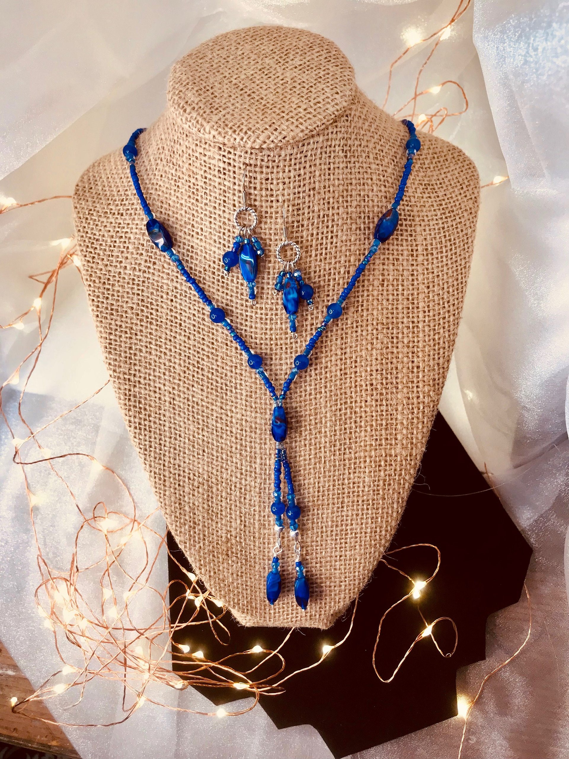 Beaded Lariat Necklace & Earring Set in Beautiful Glass Indigo with Hints of Red Twisted Beads, Faceted Glass, Stainless Steel Ear Wires