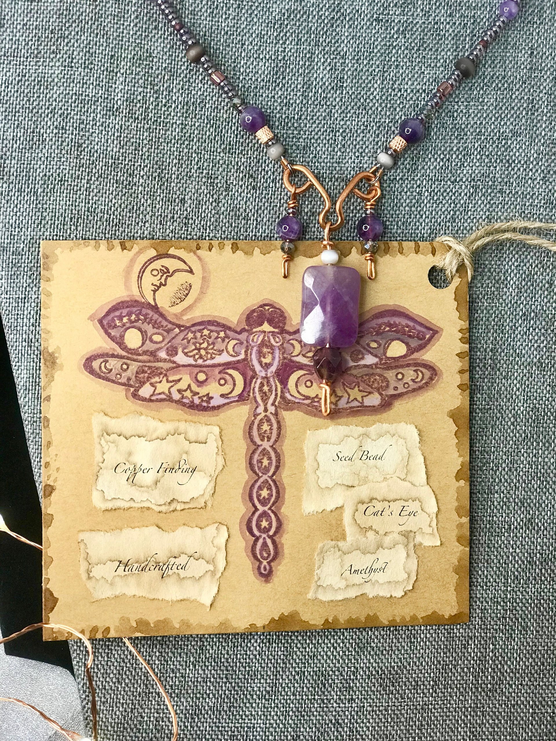 Amethyst and Copper Handcrafted Beaded Triple Dangle Necklace with Gorgeous Purple Cats Eye, Seed Beads and Beautiful Copper Findings