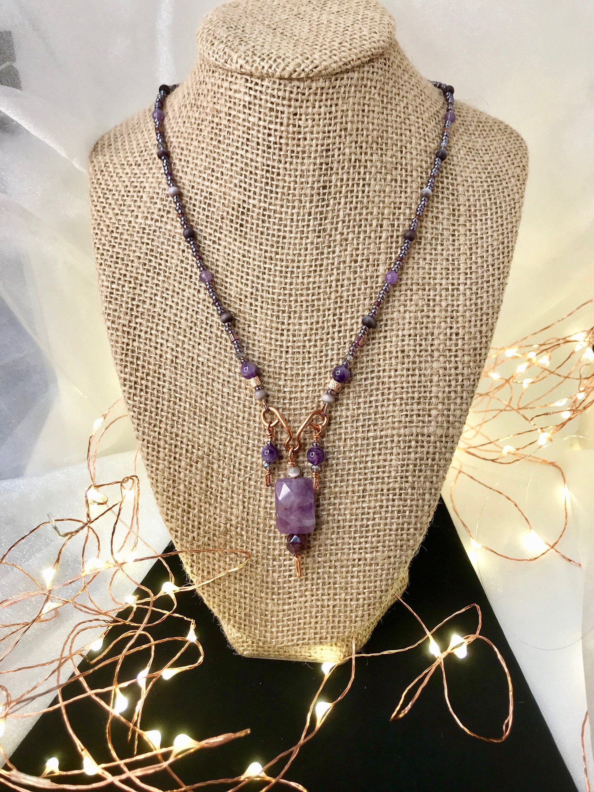 Amethyst and Copper Handcrafted Beaded Triple Dangle Necklace with Gorgeous Purple Cats Eye, Seed Beads and Beautiful Copper Findings