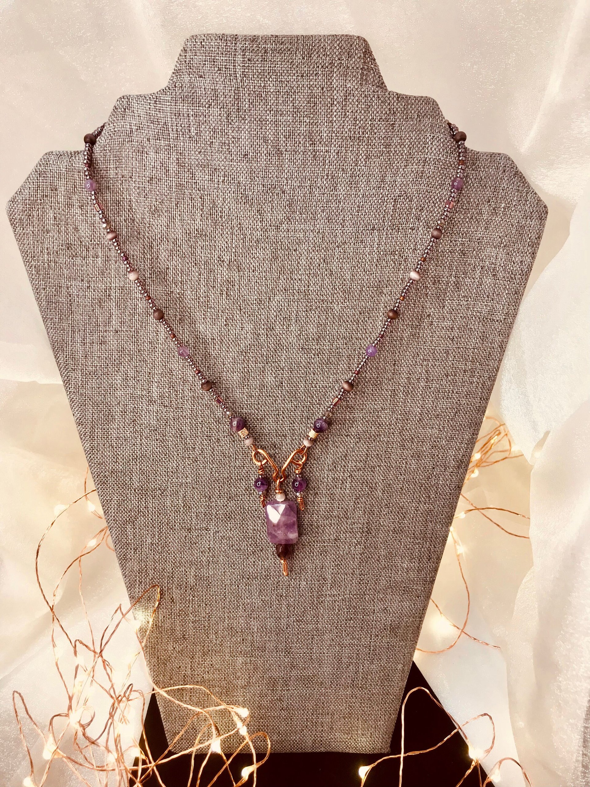 Amethyst and Copper Handcrafted Beaded Triple Dangle Necklace with Gorgeous Purple Cats Eye, Seed Beads and Beautiful Copper Findings