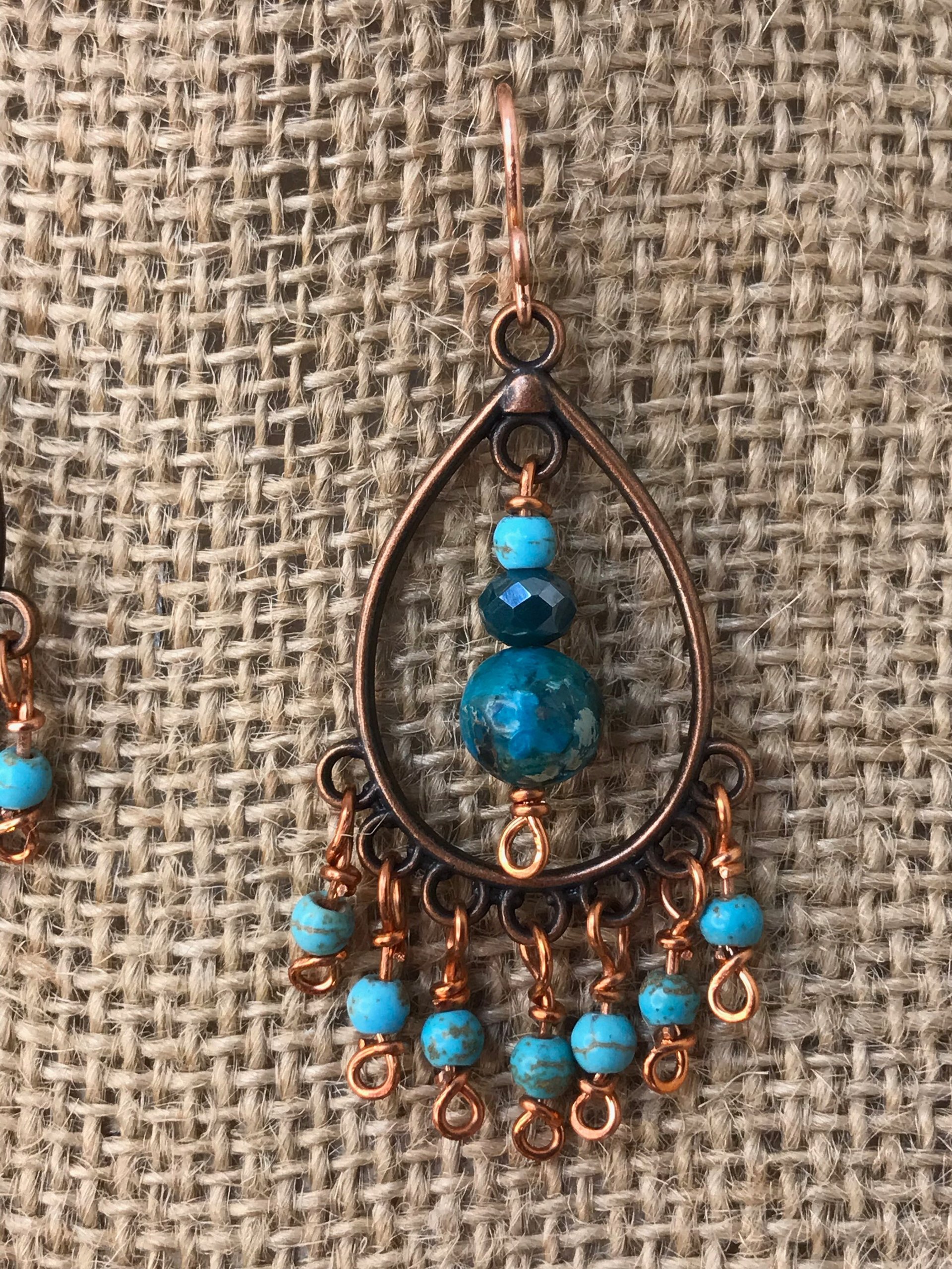 Boho Style Drop & Dangle Earrings with Gorgeous Teal and Verdigris Green Jasper and Magnesite Stones accented with Handmade Copper Findings
