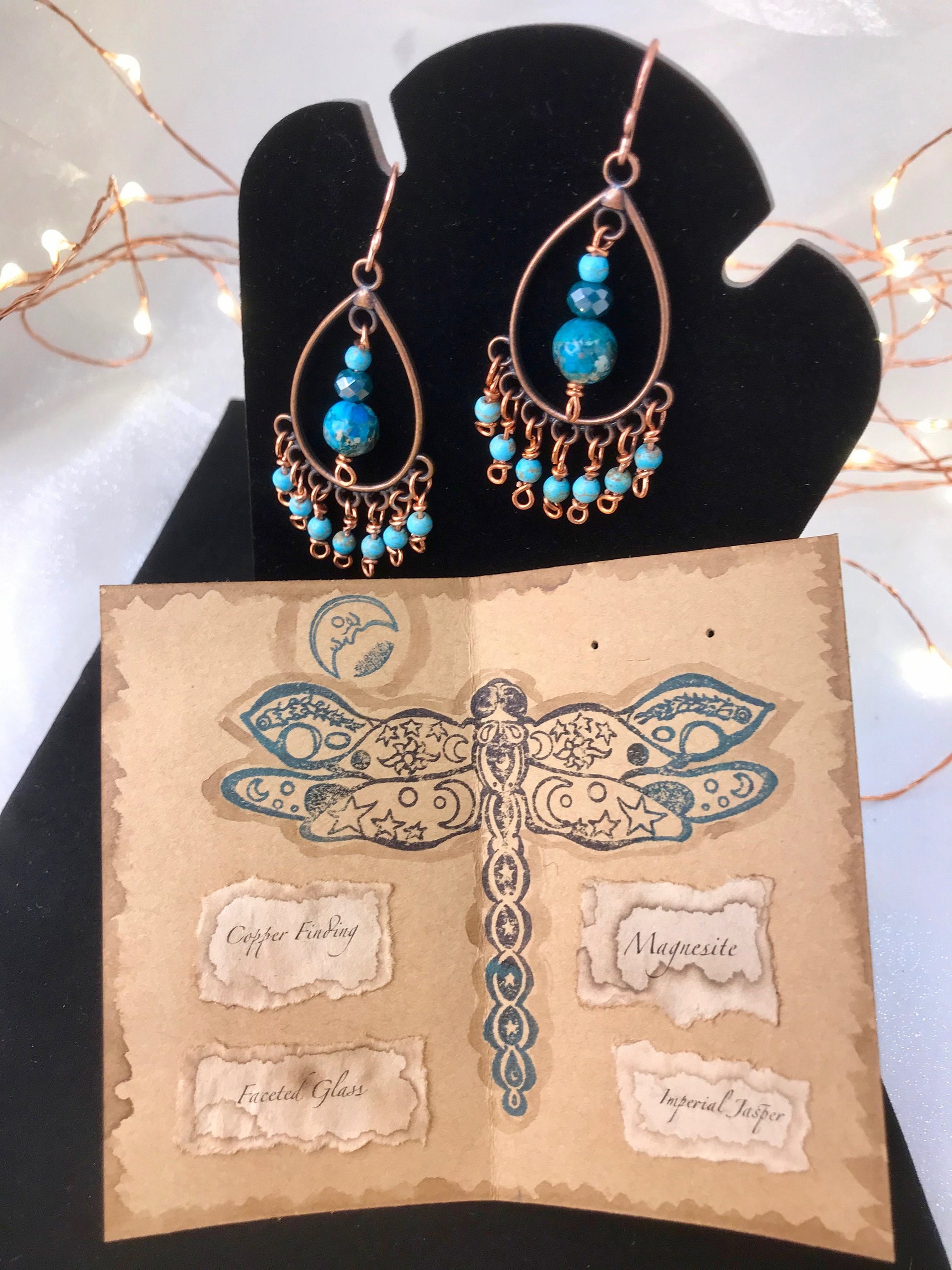 Boho Style Drop & Dangle Earrings with Gorgeous Teal and Verdigris Green Jasper and Magnesite Stones accented with Handmade Copper Findings