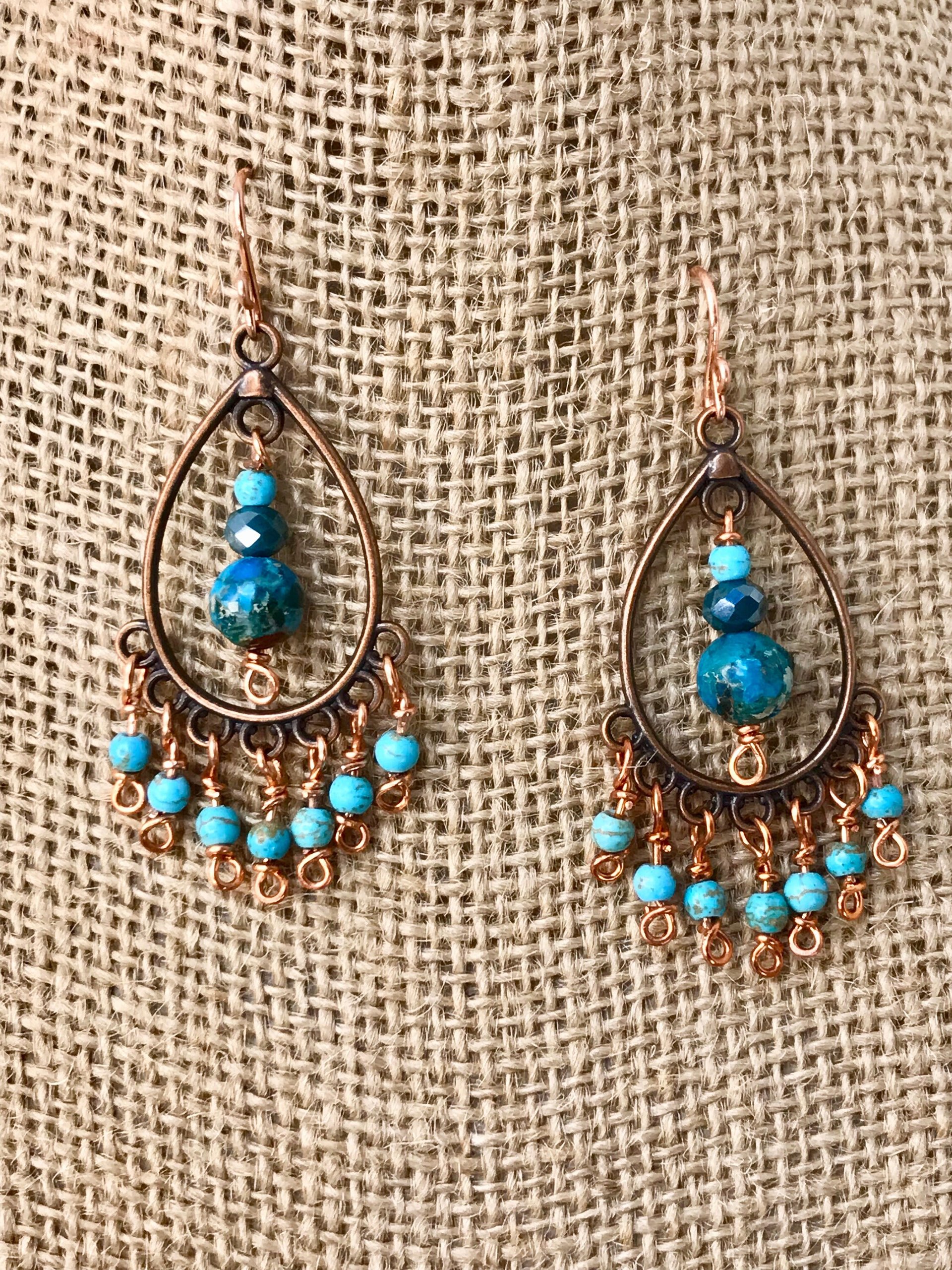 Boho Style Drop & Dangle Earrings with Gorgeous Teal and Verdigris Green Jasper and Magnesite Stones accented with Handmade Copper Findings