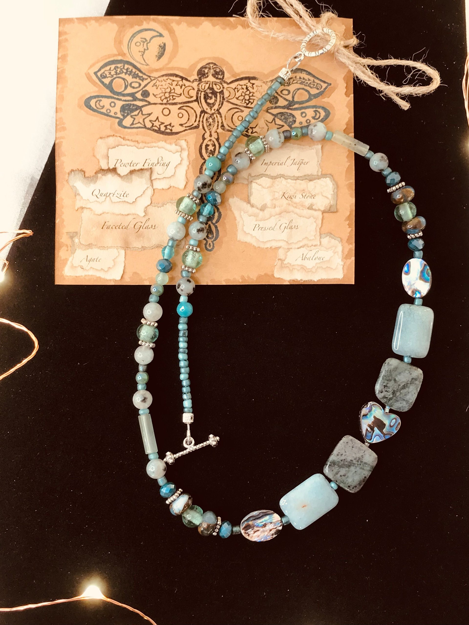 Abalone Heart and Stone Beaded Handcrafted Necklace in Beautiful Green Shades featuring Abalone, Green Jasper, Impression Jasper, Agate