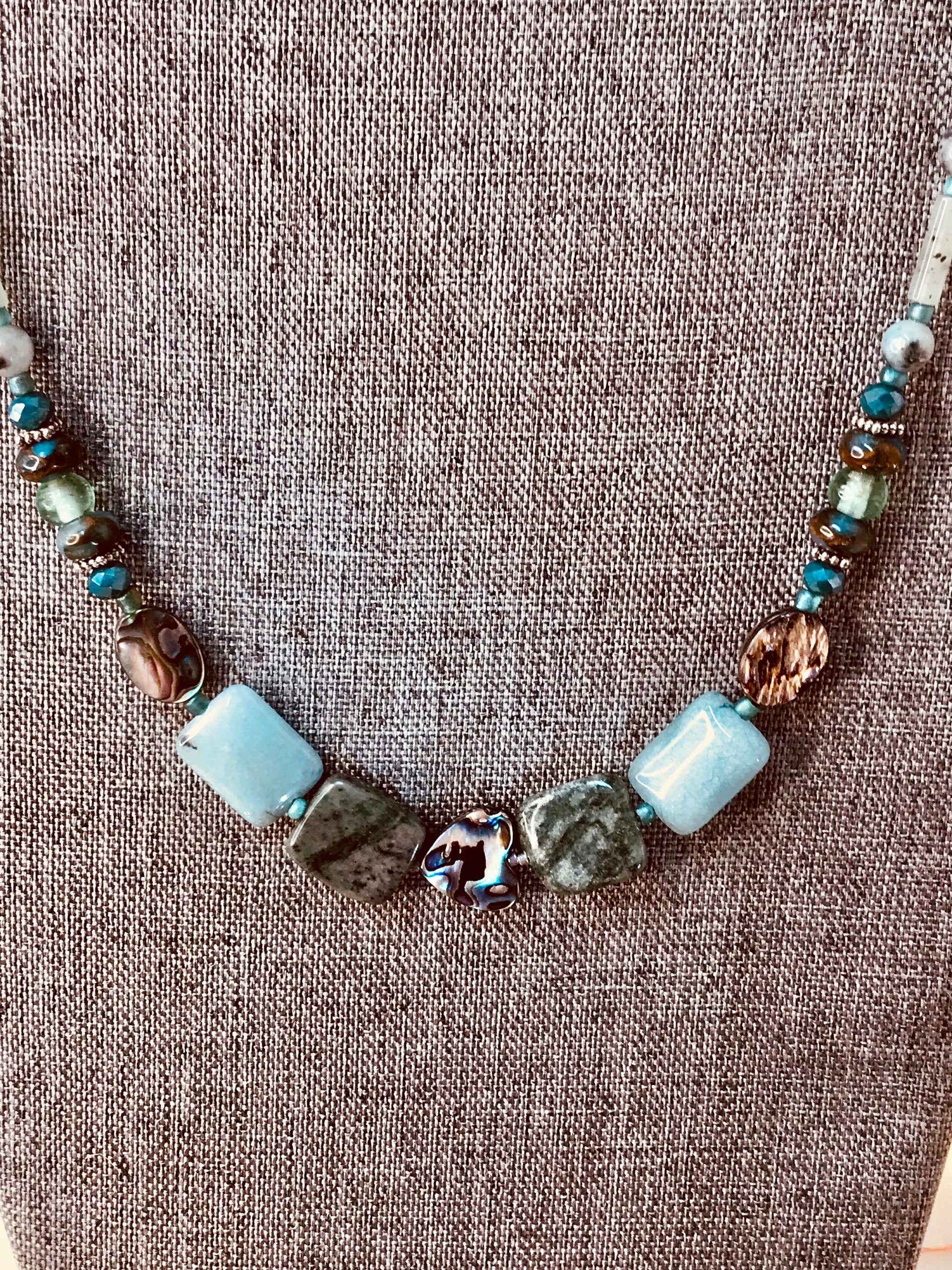 Abalone Heart and Stone Beaded Handcrafted Necklace in Beautiful Green Shades featuring Abalone, Green Jasper, Impression Jasper, Agate