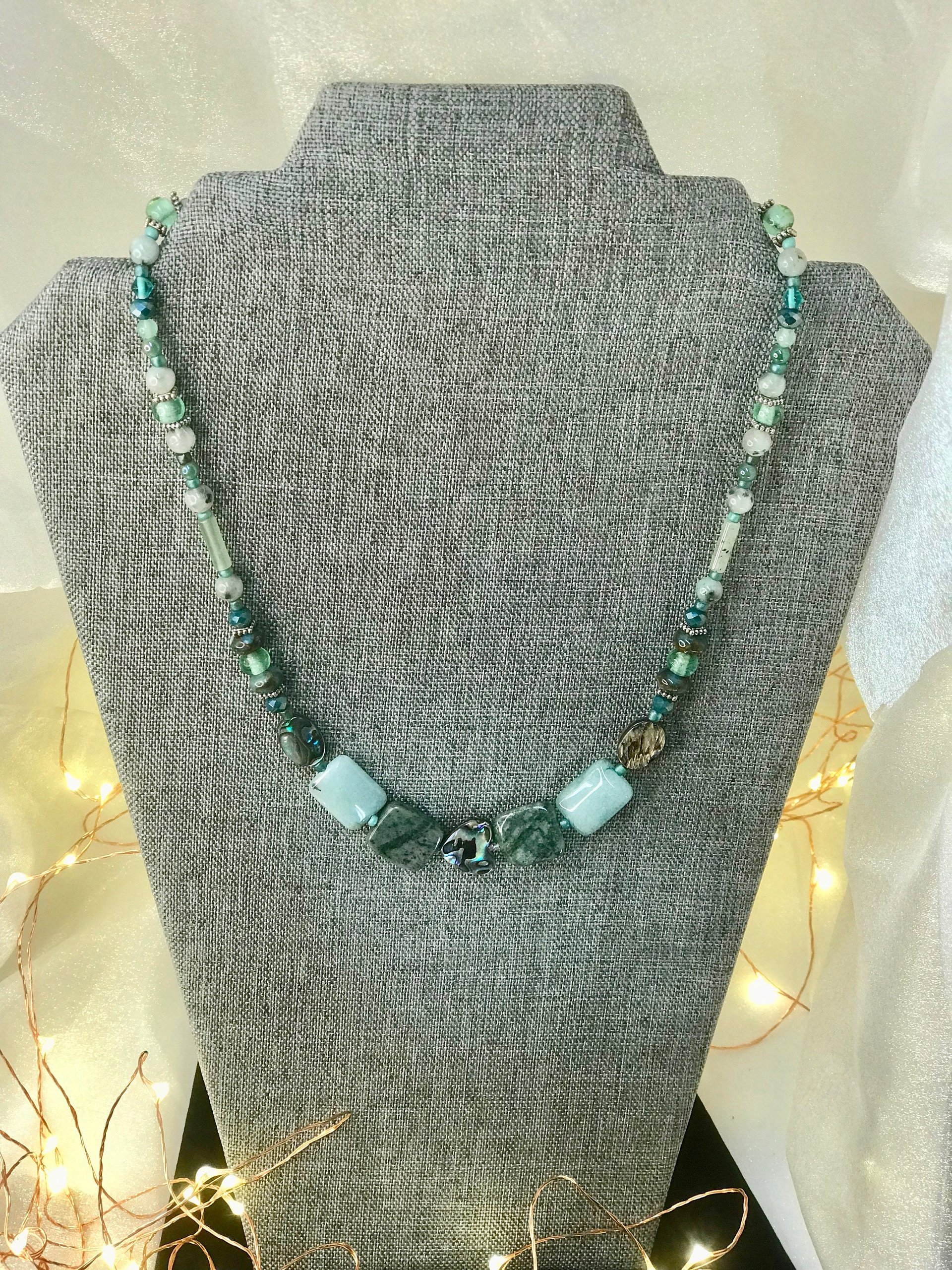Abalone Heart and Stone Beaded Handcrafted Necklace in Beautiful Green Shades featuring Abalone, Green Jasper, Impression Jasper, Agate