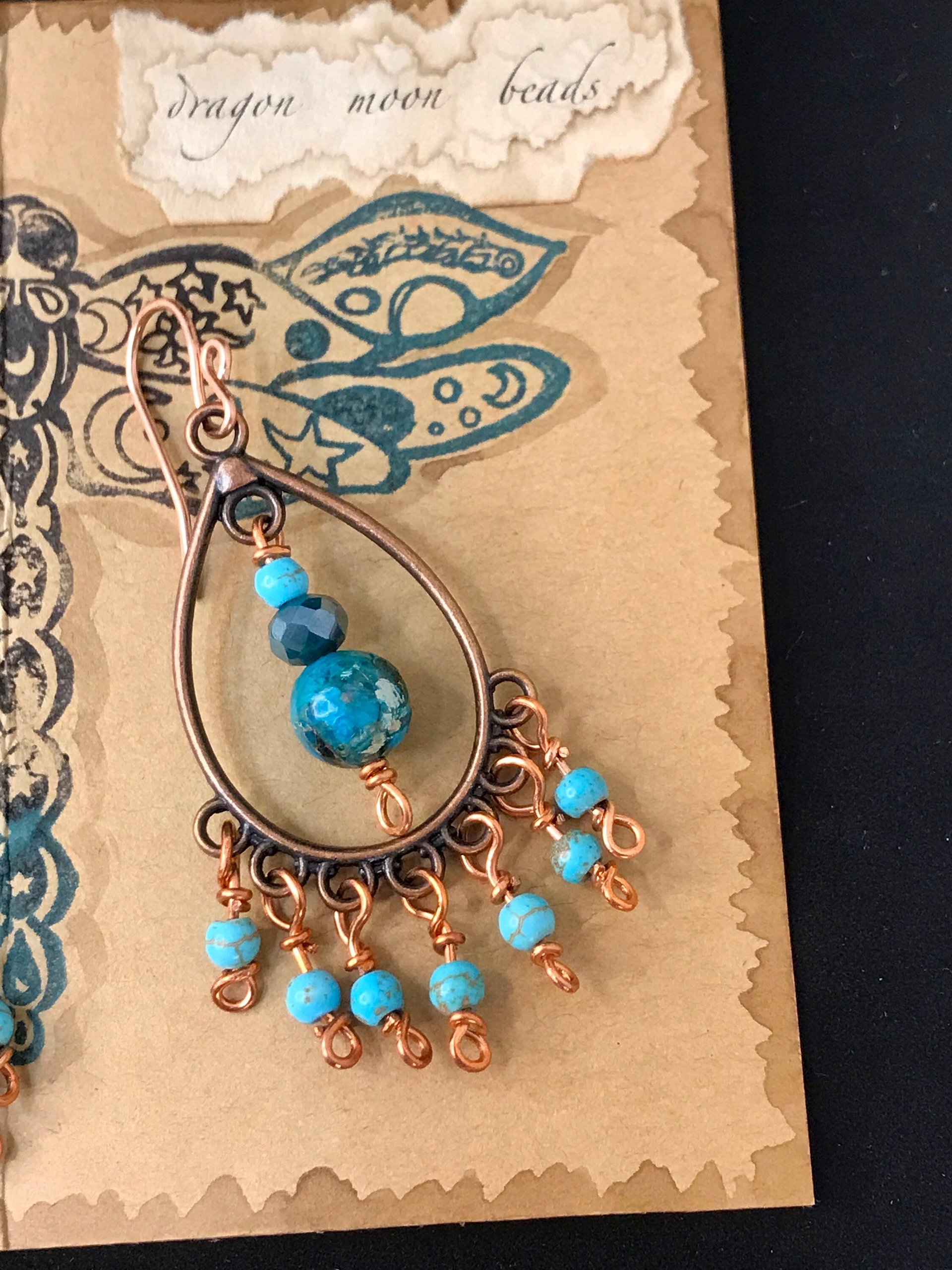 Boho Style Drop & Dangle Earrings with Gorgeous Teal and Verdigris Green Jasper and Magnesite Stones accented with Handmade Copper Findings