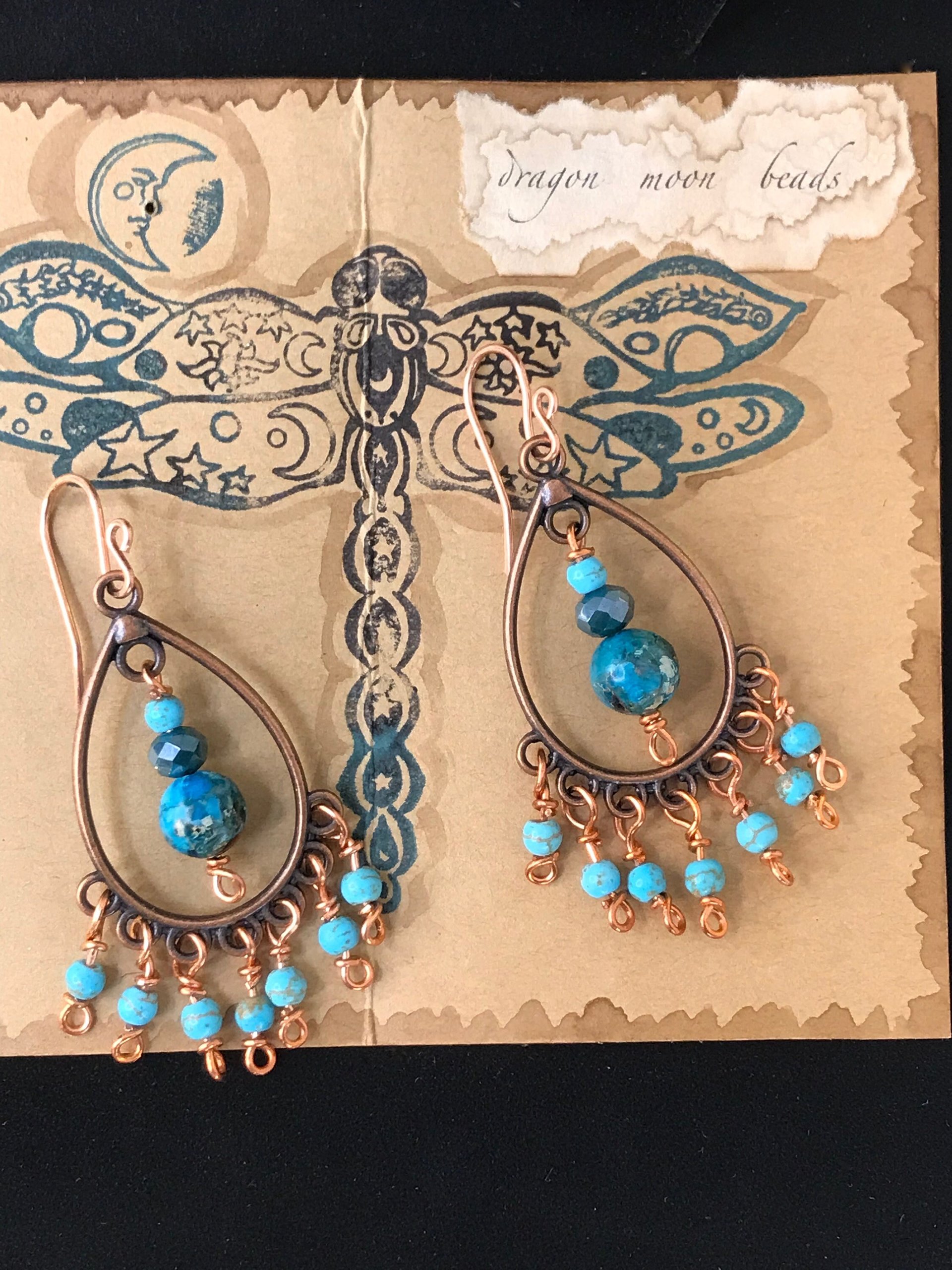 Boho Style Drop & Dangle Earrings with Gorgeous Teal and Verdigris Green Jasper and Magnesite Stones accented with Handmade Copper Findings