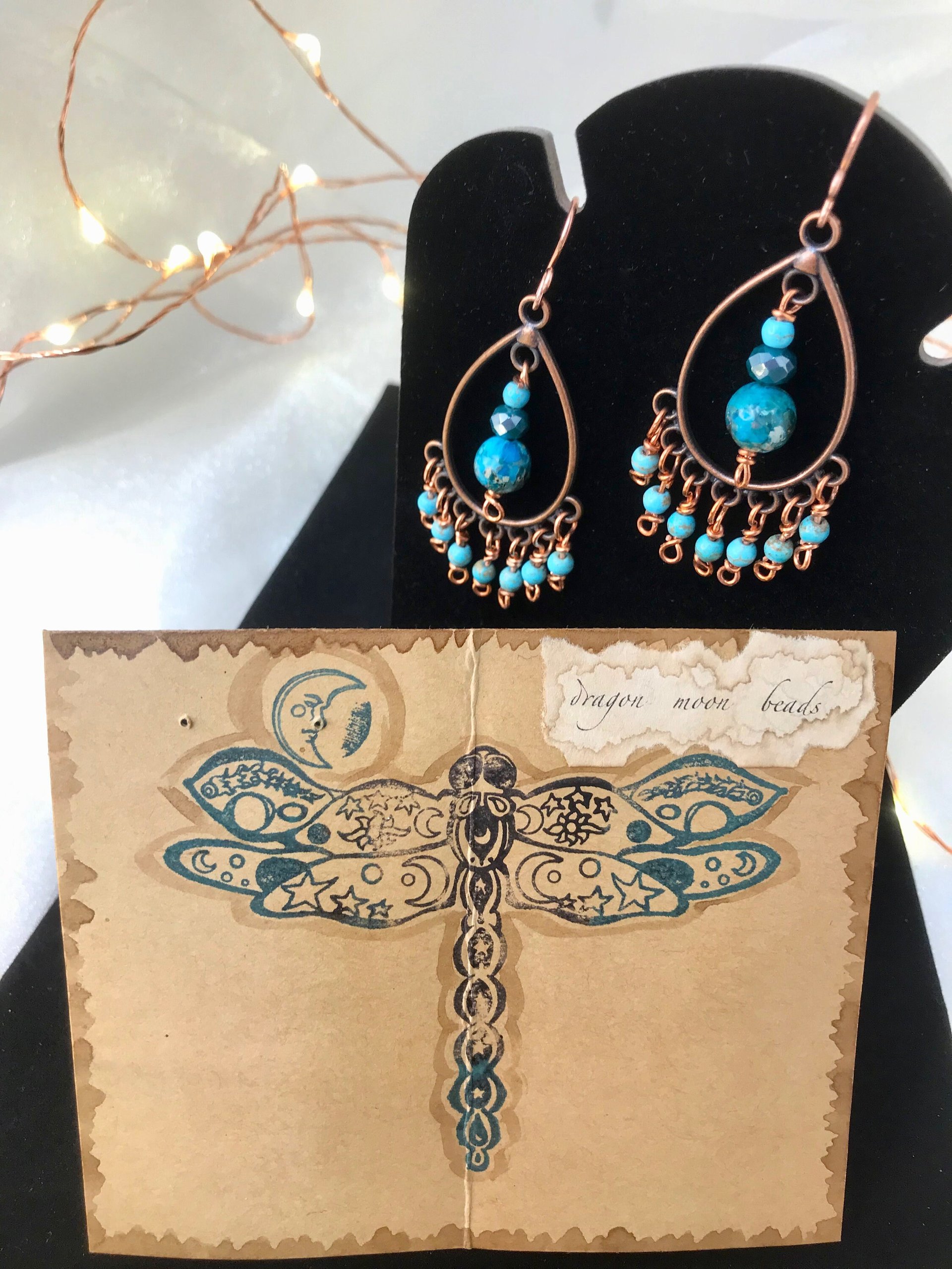 Boho Style Drop & Dangle Earrings with Gorgeous Teal and Verdigris Green Jasper and Magnesite Stones accented with Handmade Copper Findings