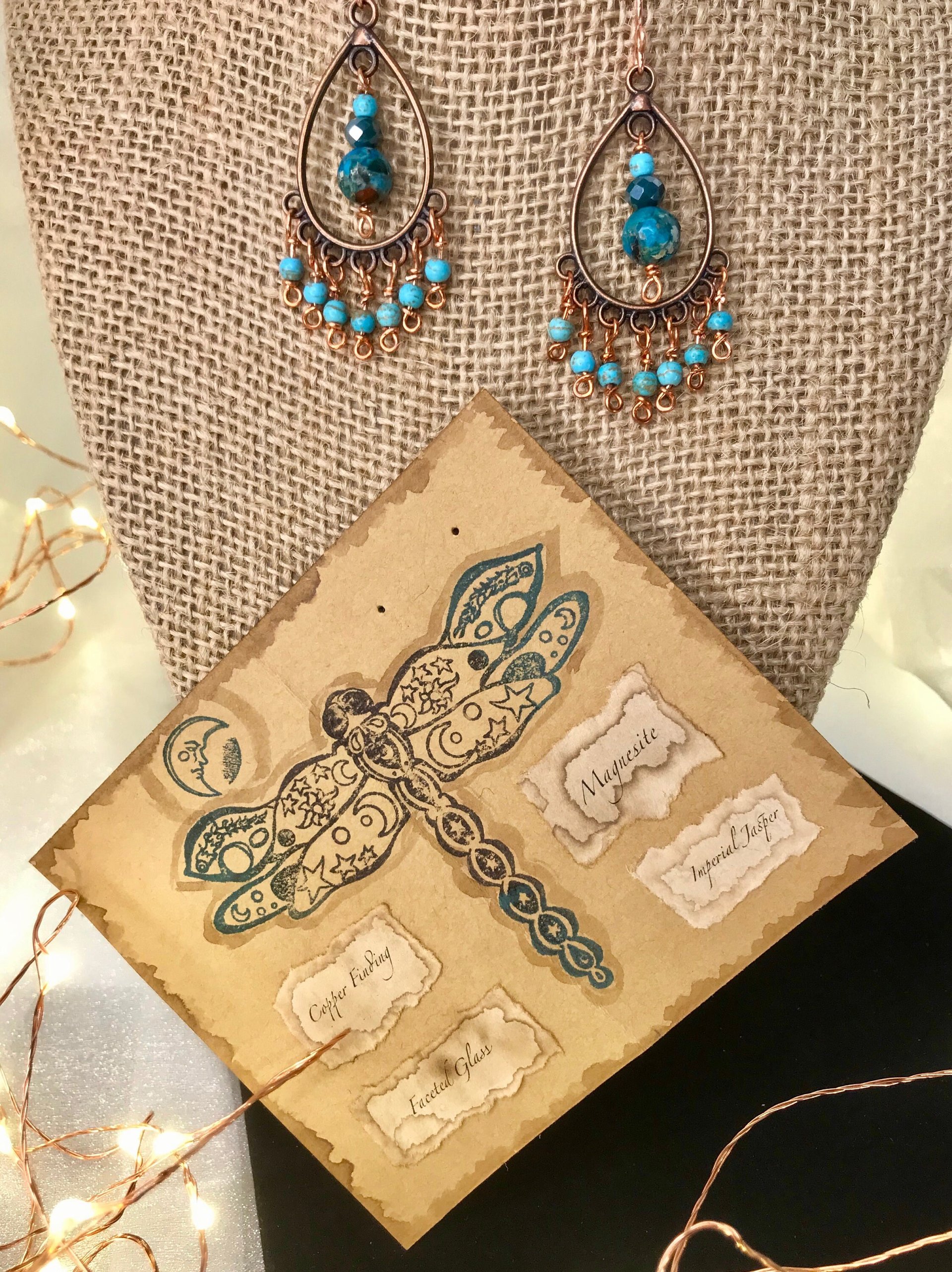 Boho Style Drop & Dangle Earrings with Gorgeous Teal and Verdigris Green Jasper and Magnesite Stones accented with Handmade Copper Findings