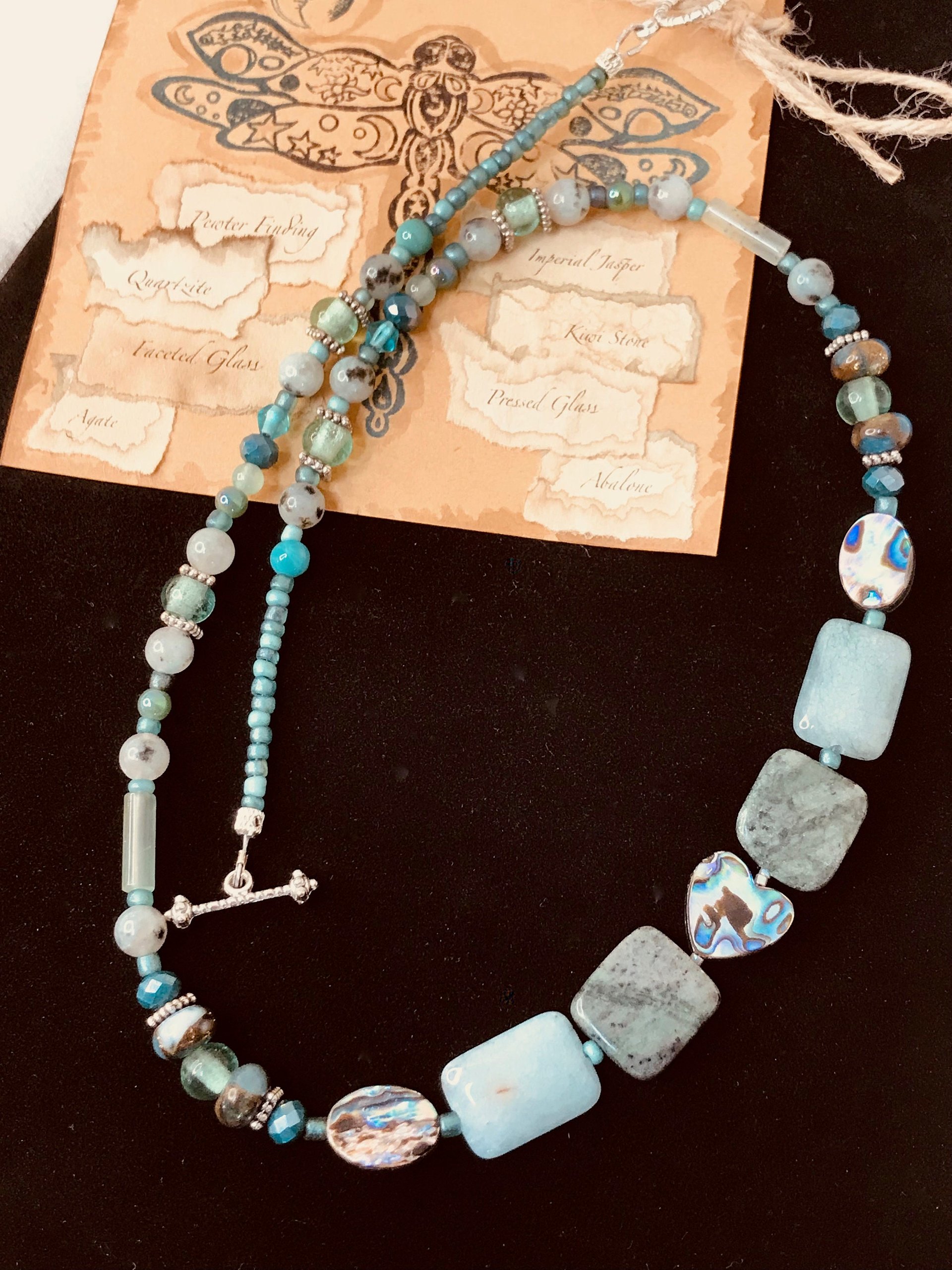 Abalone Heart and Stone Beaded Handcrafted Necklace in Beautiful Green Shades featuring Abalone, Green Jasper, Impression Jasper, Agate