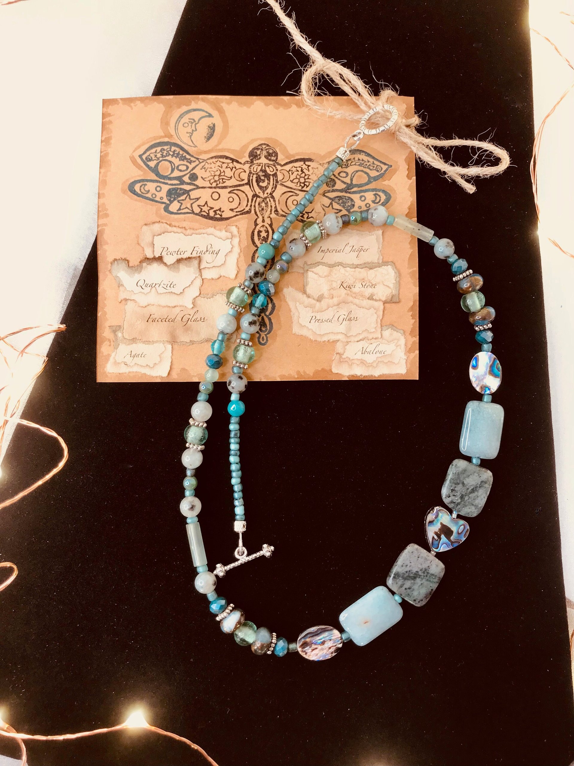 Abalone Heart and Stone Beaded Handcrafted Necklace in Beautiful Green Shades featuring Abalone, Green Jasper, Impression Jasper, Agate