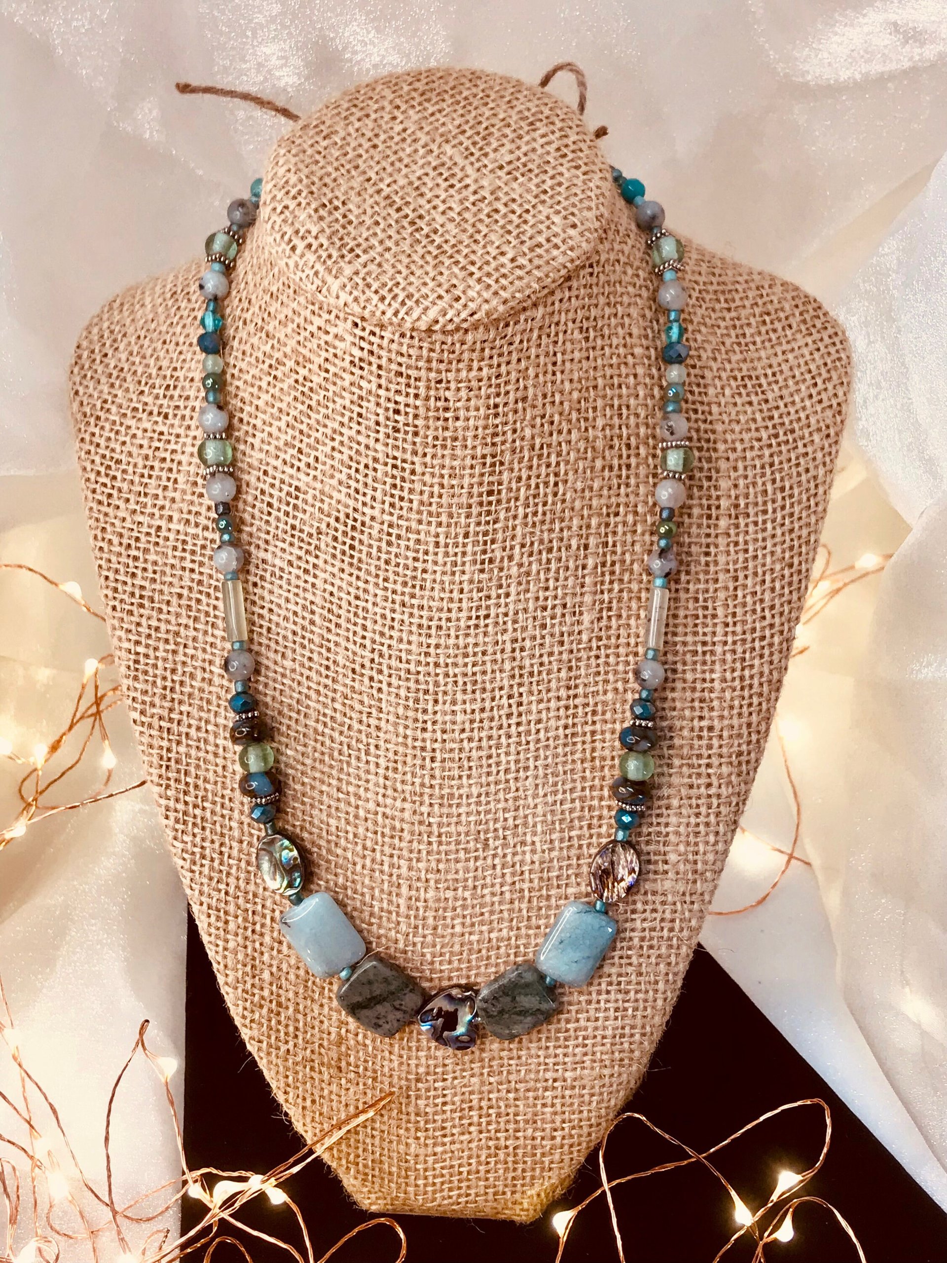 Abalone Heart and Stone Beaded Handcrafted Necklace in Beautiful Green Shades featuring Abalone, Green Jasper, Impression Jasper, Agate