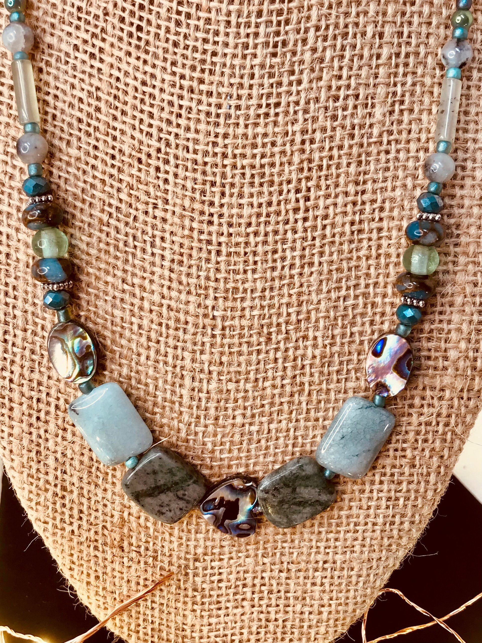 Abalone Heart and Stone Beaded Handcrafted Necklace in Beautiful Green Shades featuring Abalone, Green Jasper, Impression Jasper, Agate