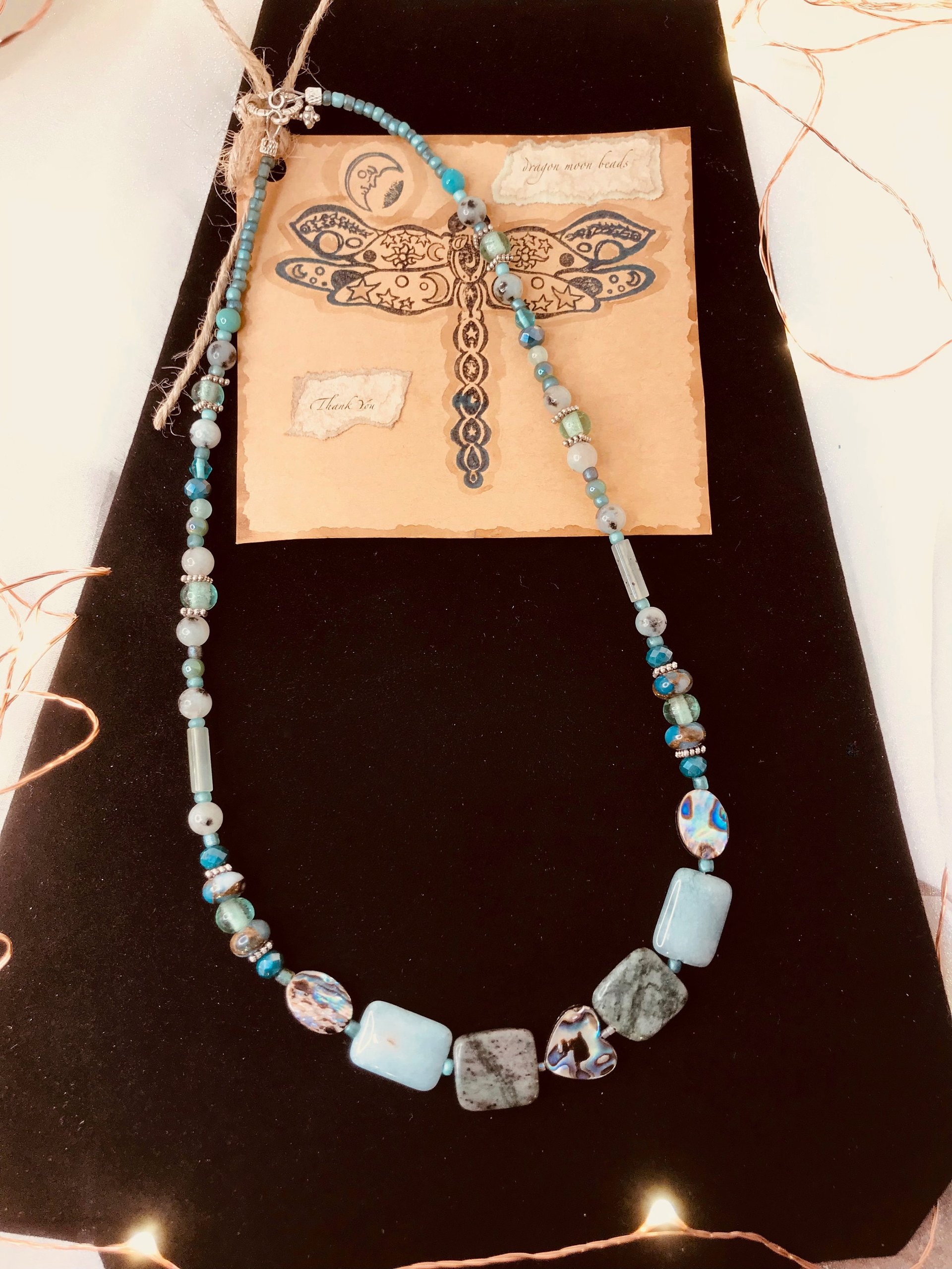Abalone Heart and Stone Beaded Handcrafted Necklace in Beautiful Green Shades featuring Abalone, Green Jasper, Impression Jasper, Agate