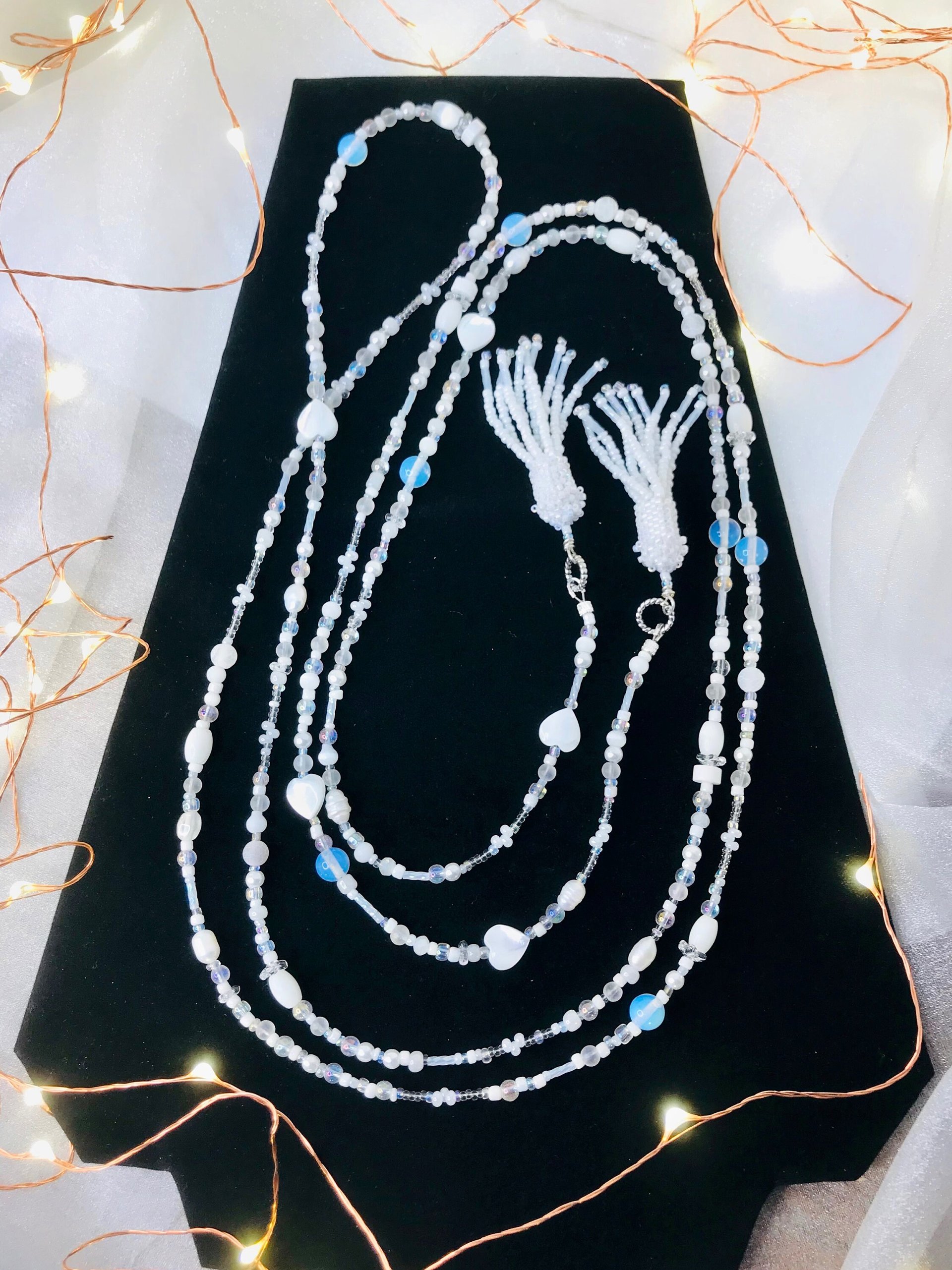 Lovely White and Iridescent Handmade Beaded Lariat Rope Multi-Style Tassel Necklace with Mother of Pearl Heart, Moonstone, Faceted Crystal