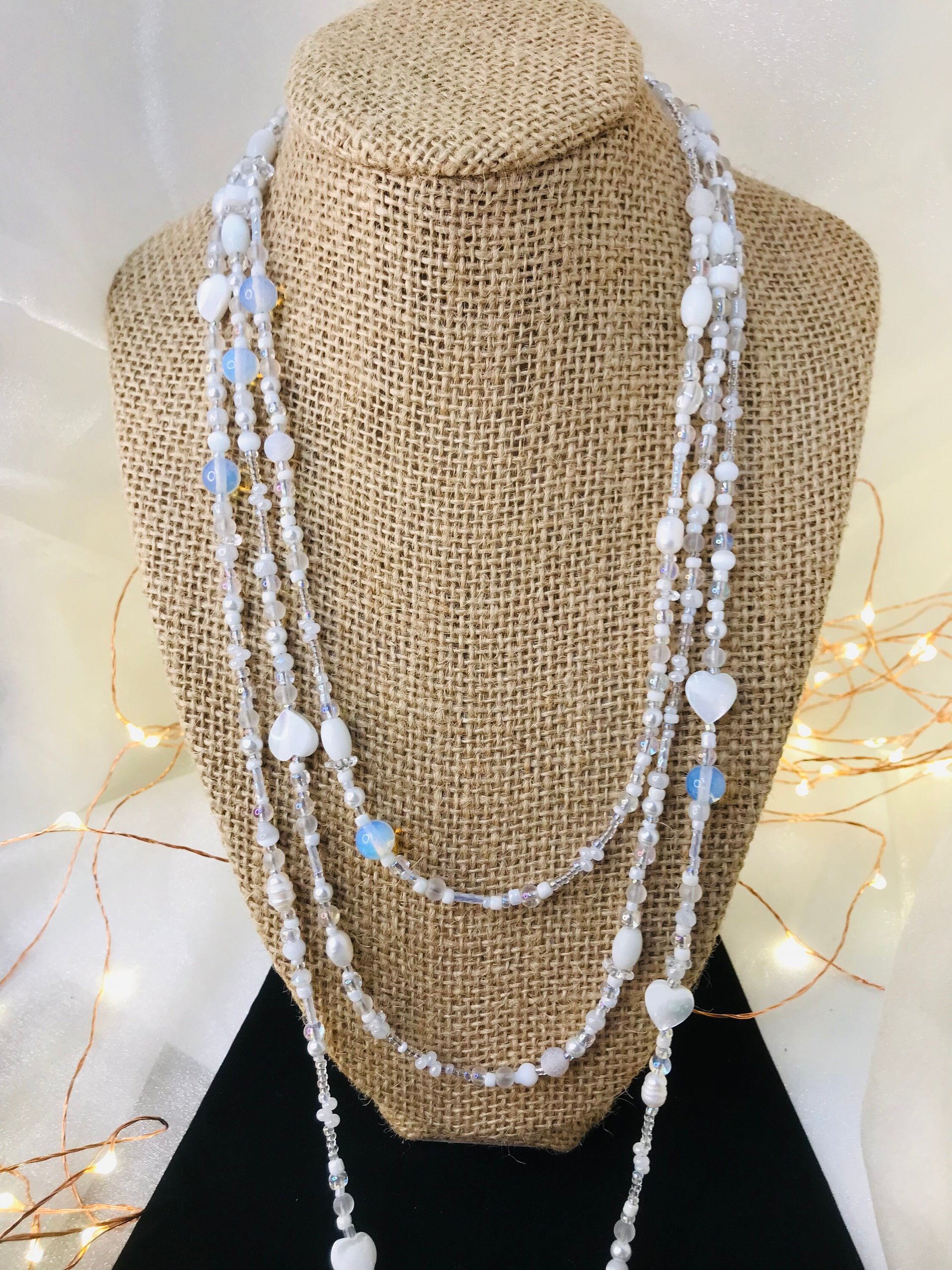 Lovely White and Iridescent Handmade Beaded Lariat Rope Multi-Style Tassel Necklace with Mother of Pearl Heart, Moonstone, Faceted Crystal
